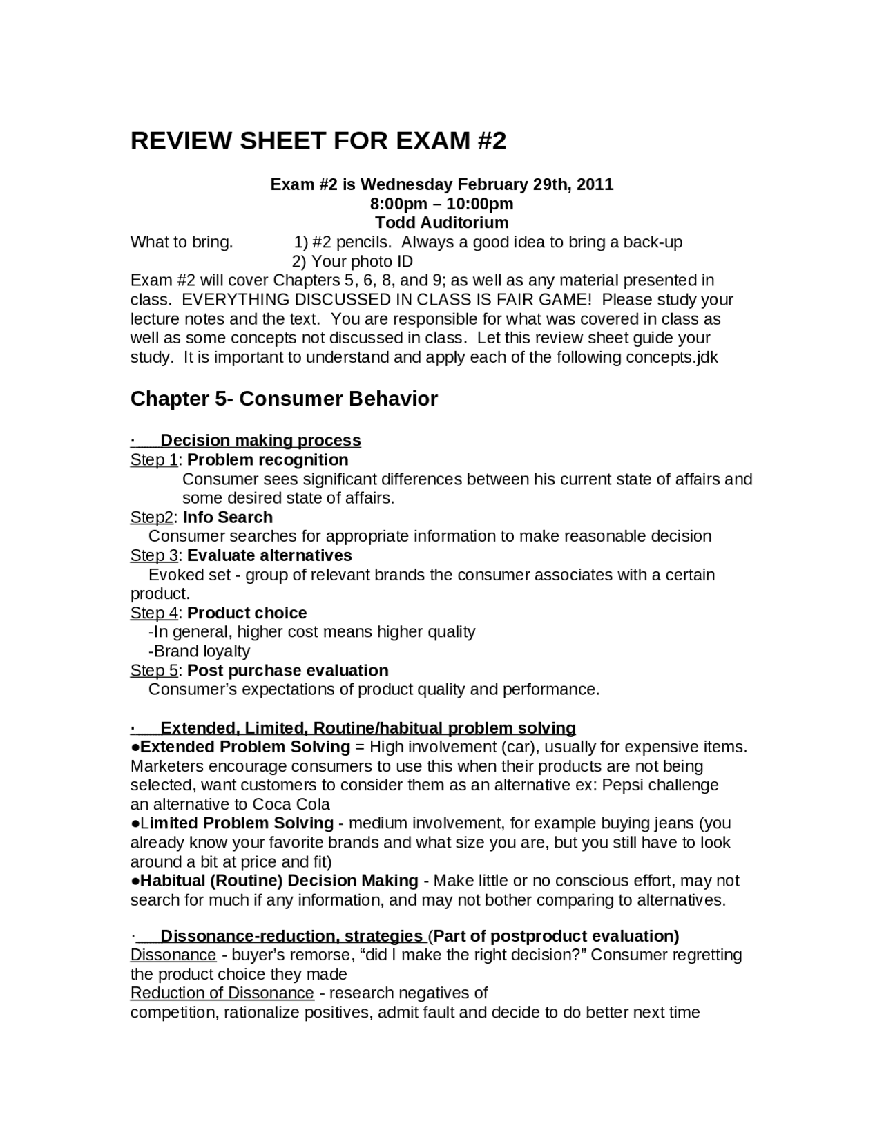 Review Sheet for Exam 2 - Principles of Management and Organization ...