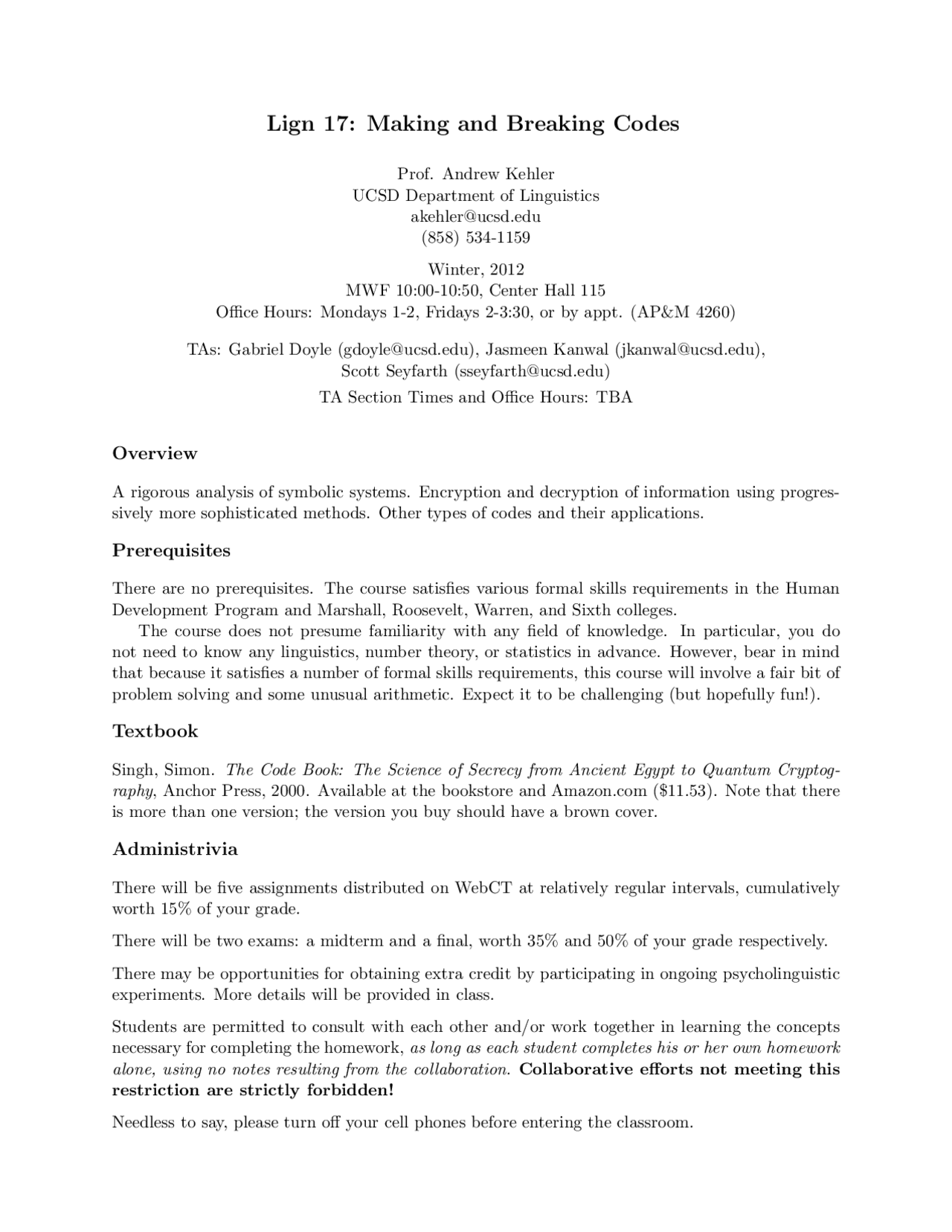 Making and Breaking Codes for Course Guide | LIGN 17 - Docsity