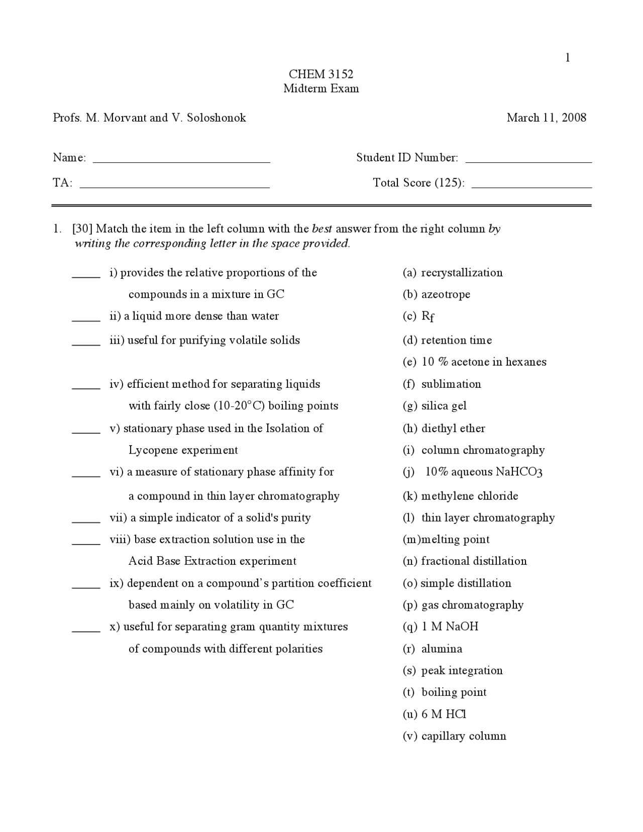 9 Questions in Organic Chemistry II - Midterm Exam | CHEM 3153 - Docsity