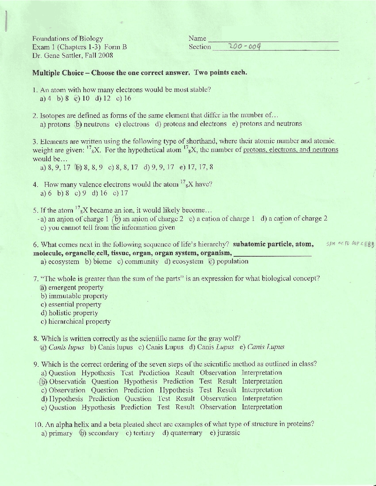 Exam 1 with Solution for Foundations of Biology | BIOL 200 | Exams ...