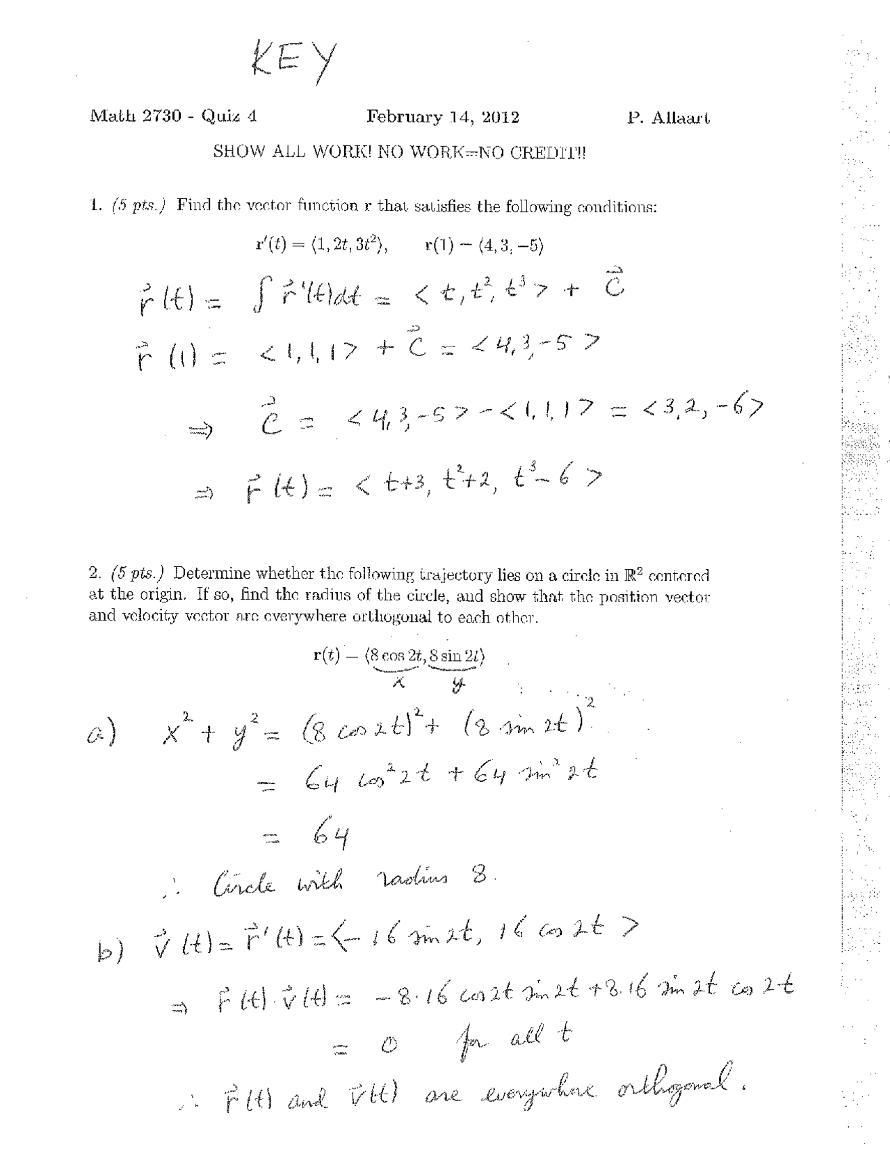 Multivariable Calculus Tests Test 4 with Solutions - Multivariable Calculus | MATH 2730 - Docsity
