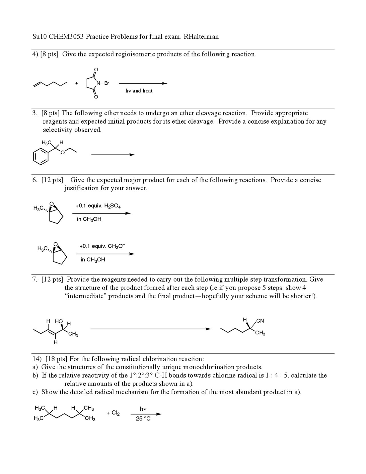 Final Exam Practice Problems | Organic Chemistry I | CHEM 3053 - Docsity