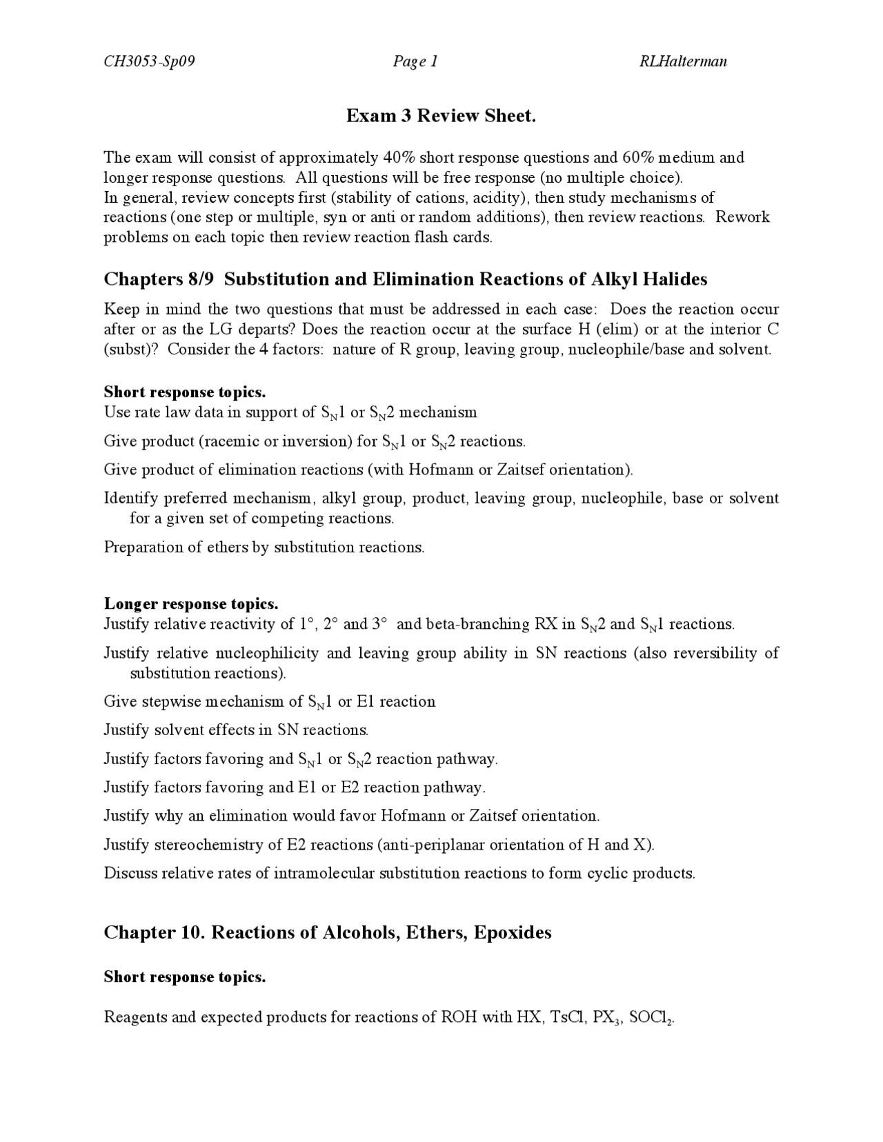 Exam 3 Study Guide for Organic Chemistry I | CHEM 3053 - Docsity