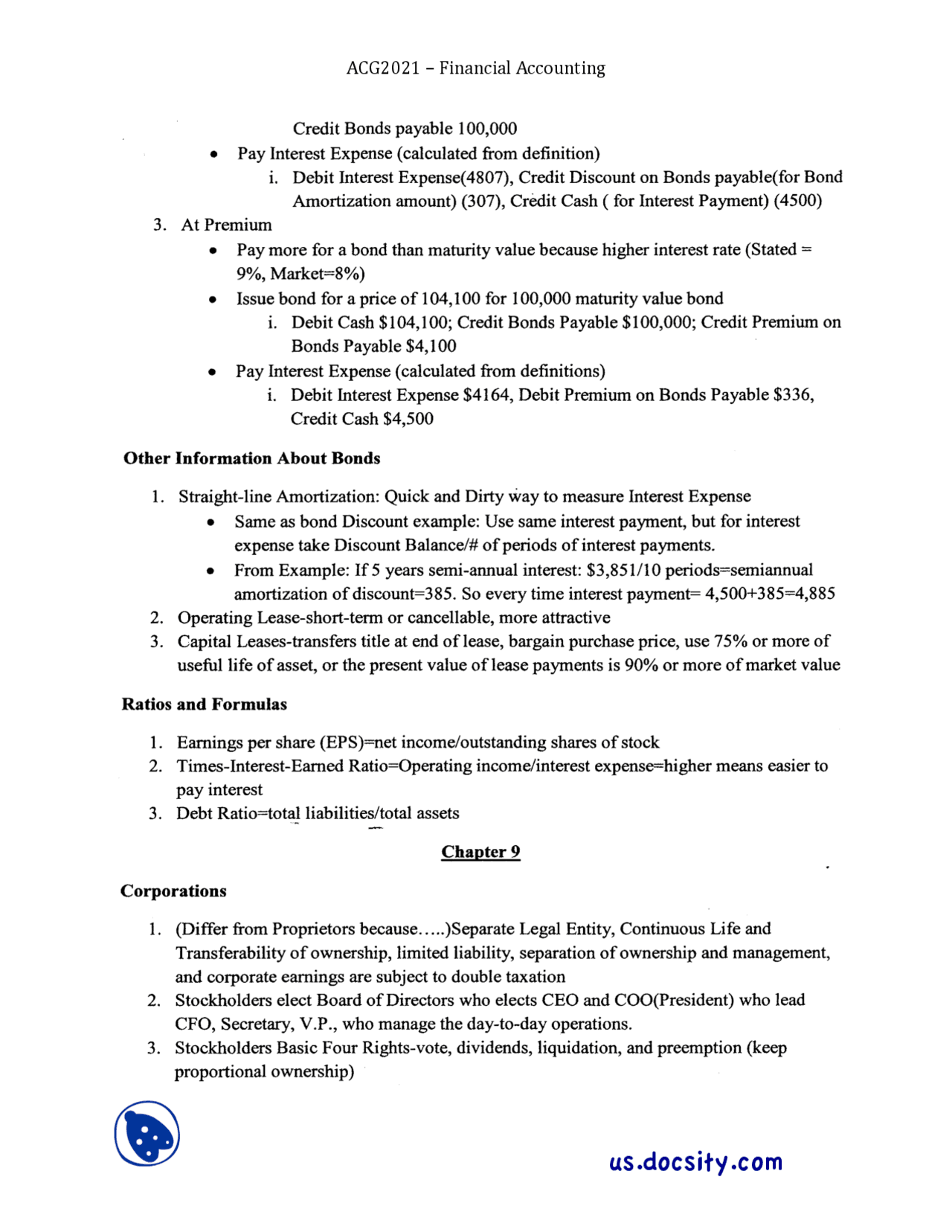UCF SARC ACG2021 Financial Accounting Chapters 912 Docsity