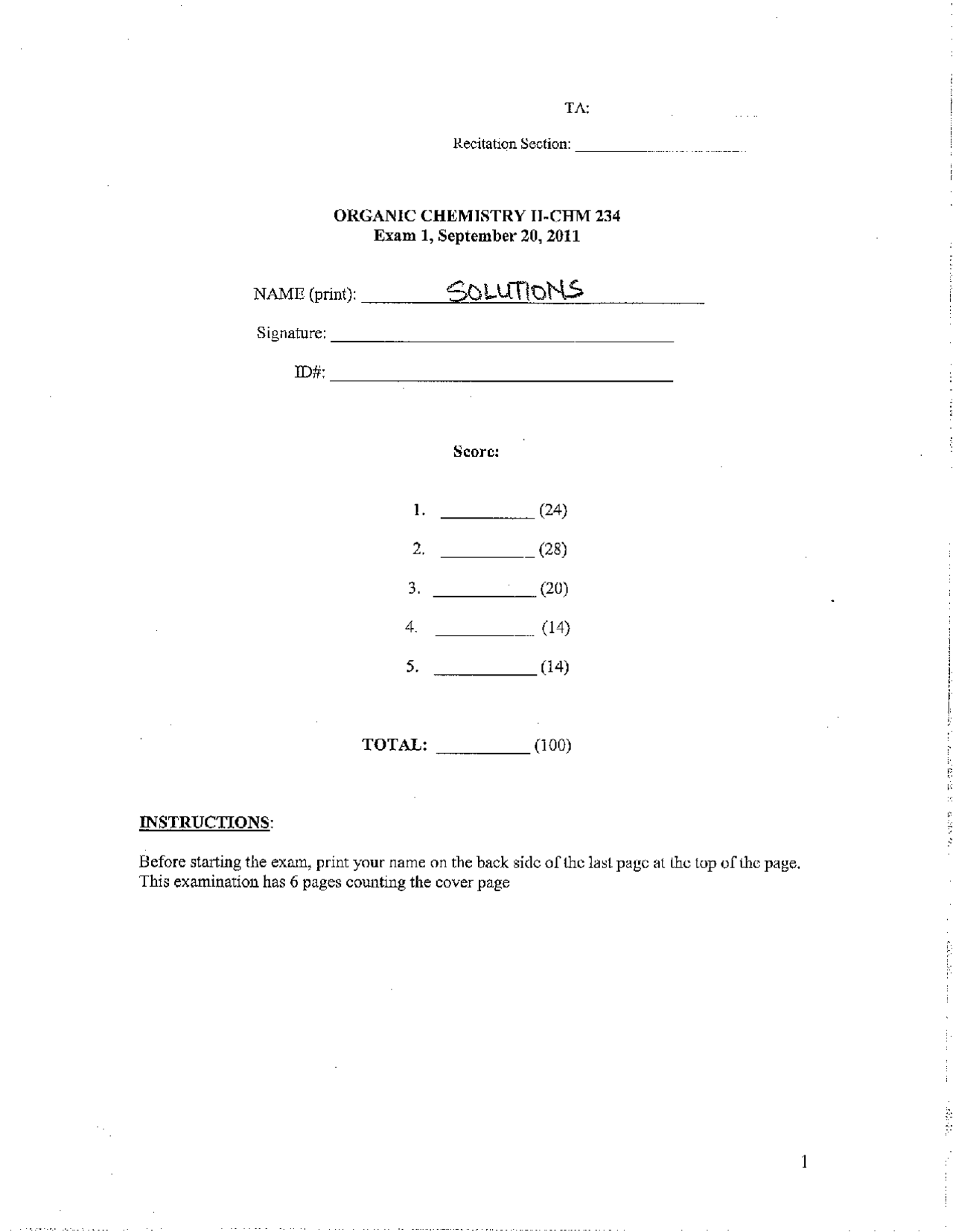 5 Questions on Organic Chemistry II | CHEM 234 - Docsity