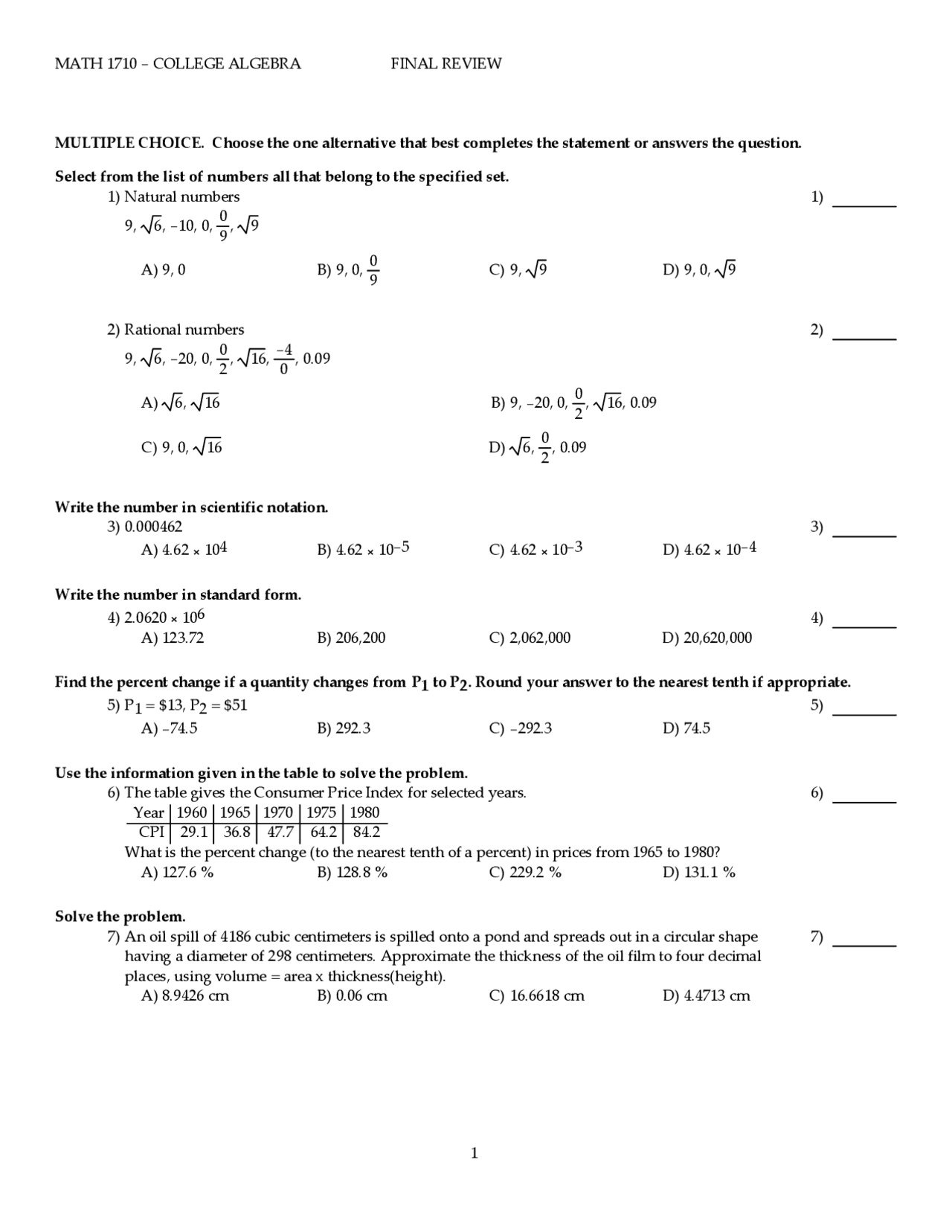 Math 1130 College Algebra Study Guide - Final Exam | MATH 1130 - Docsity