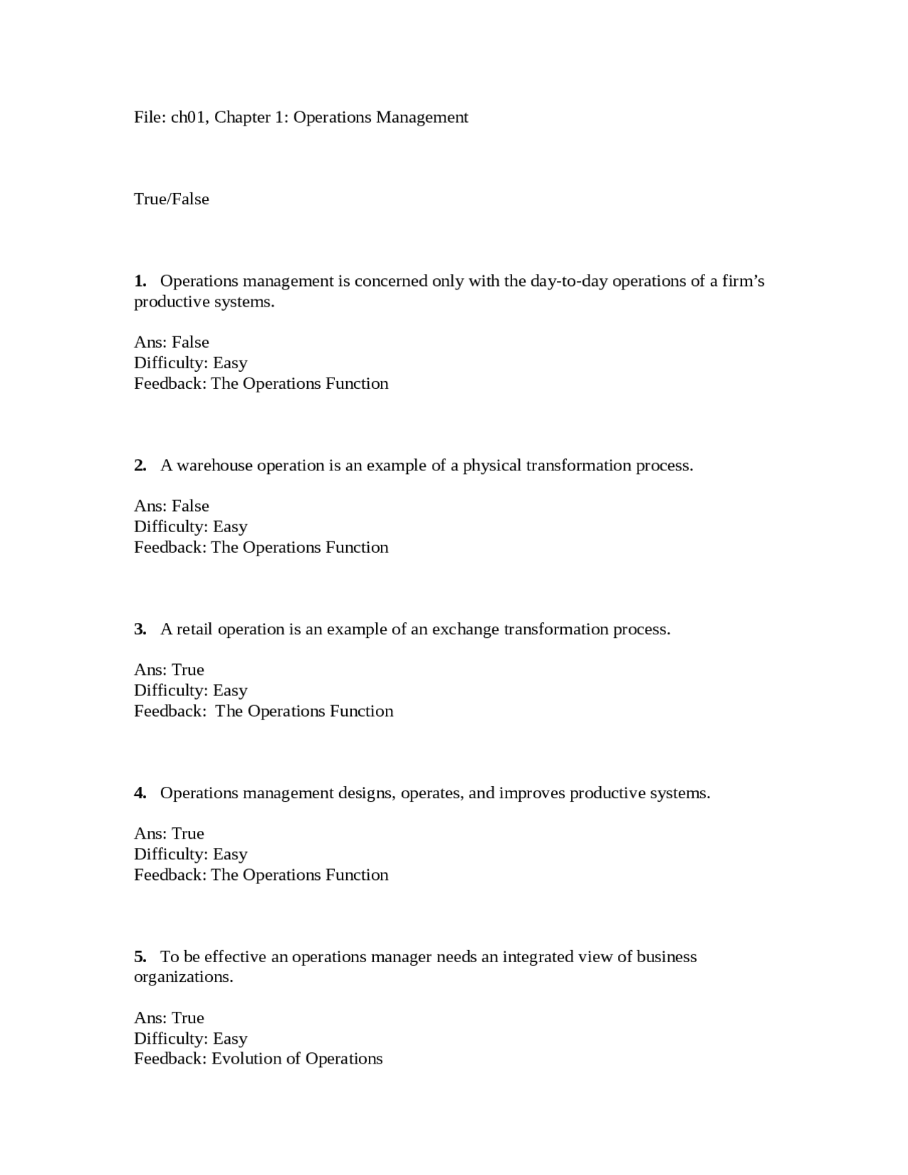 Operations Management - Quiz 1 with Answer Key | Mktg 372 - Docsity