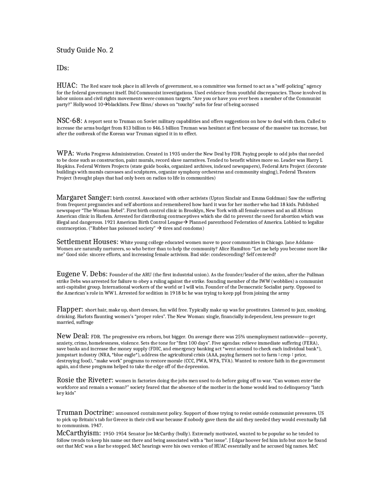 Study Guide for Test 2 | American History Since 1865 | HIST 2112 ...
