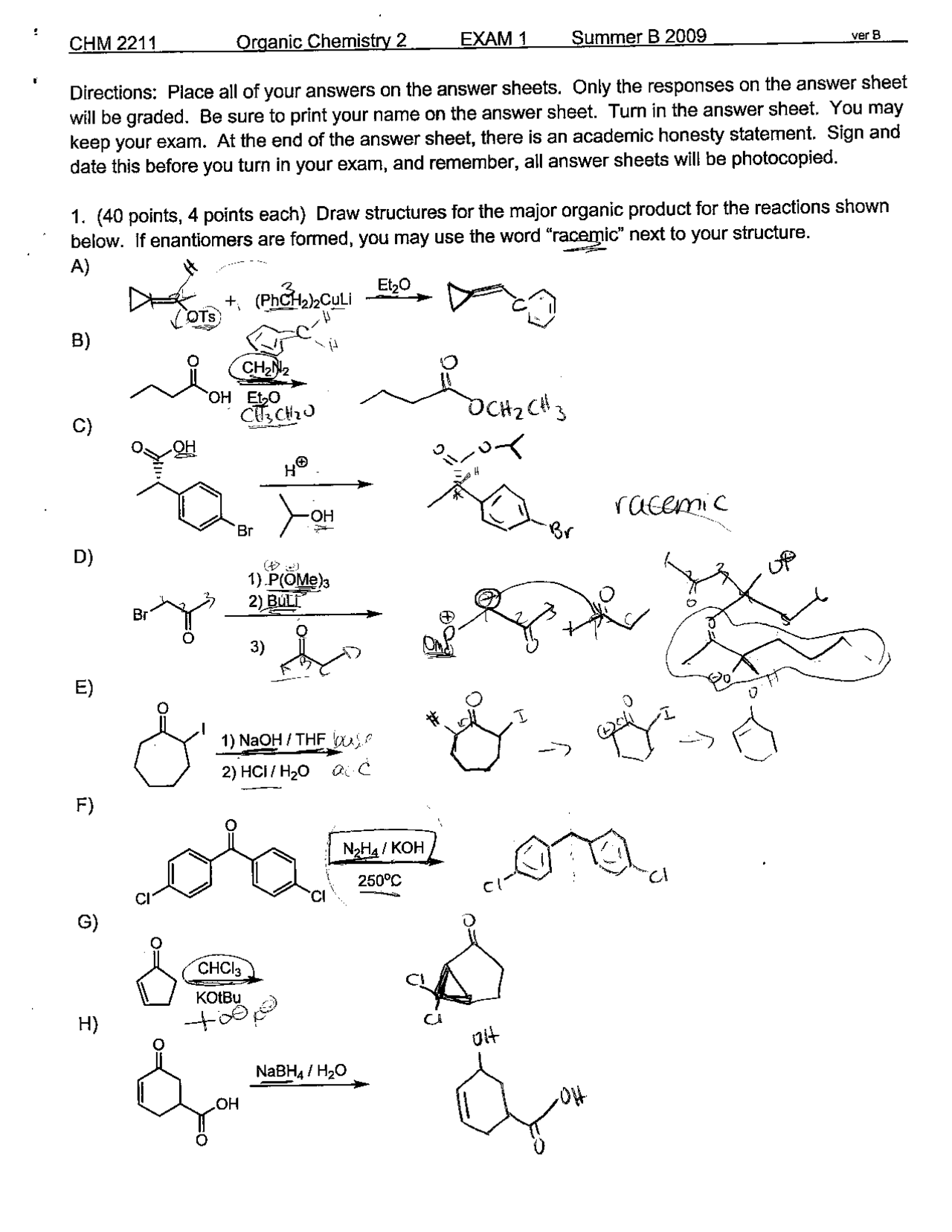 Exam 1 for Organic Chemistry 2 - 2009 | CHM 2211 - Docsity