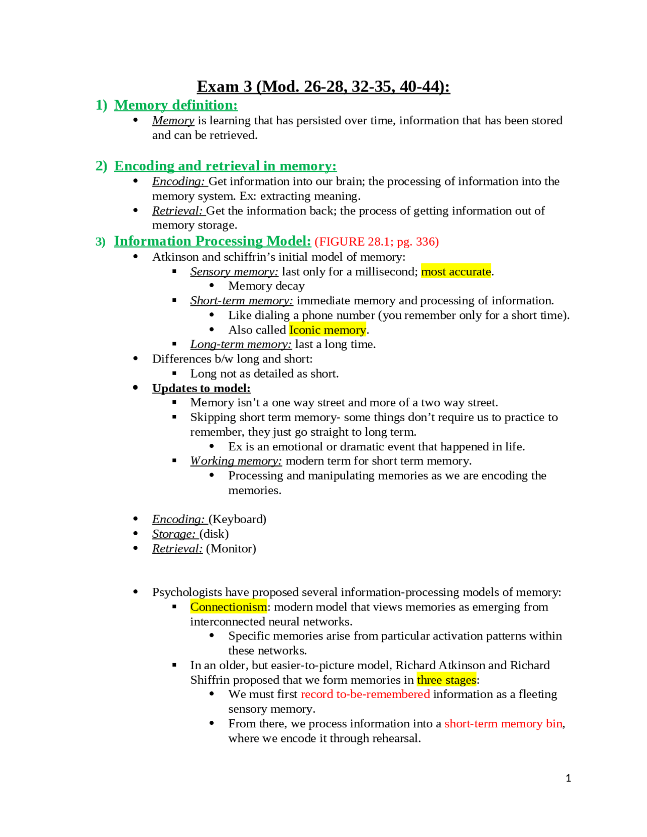 Exam 3 Study Guide | Introduction to Psychology | PSYC 2000 - Docsity
