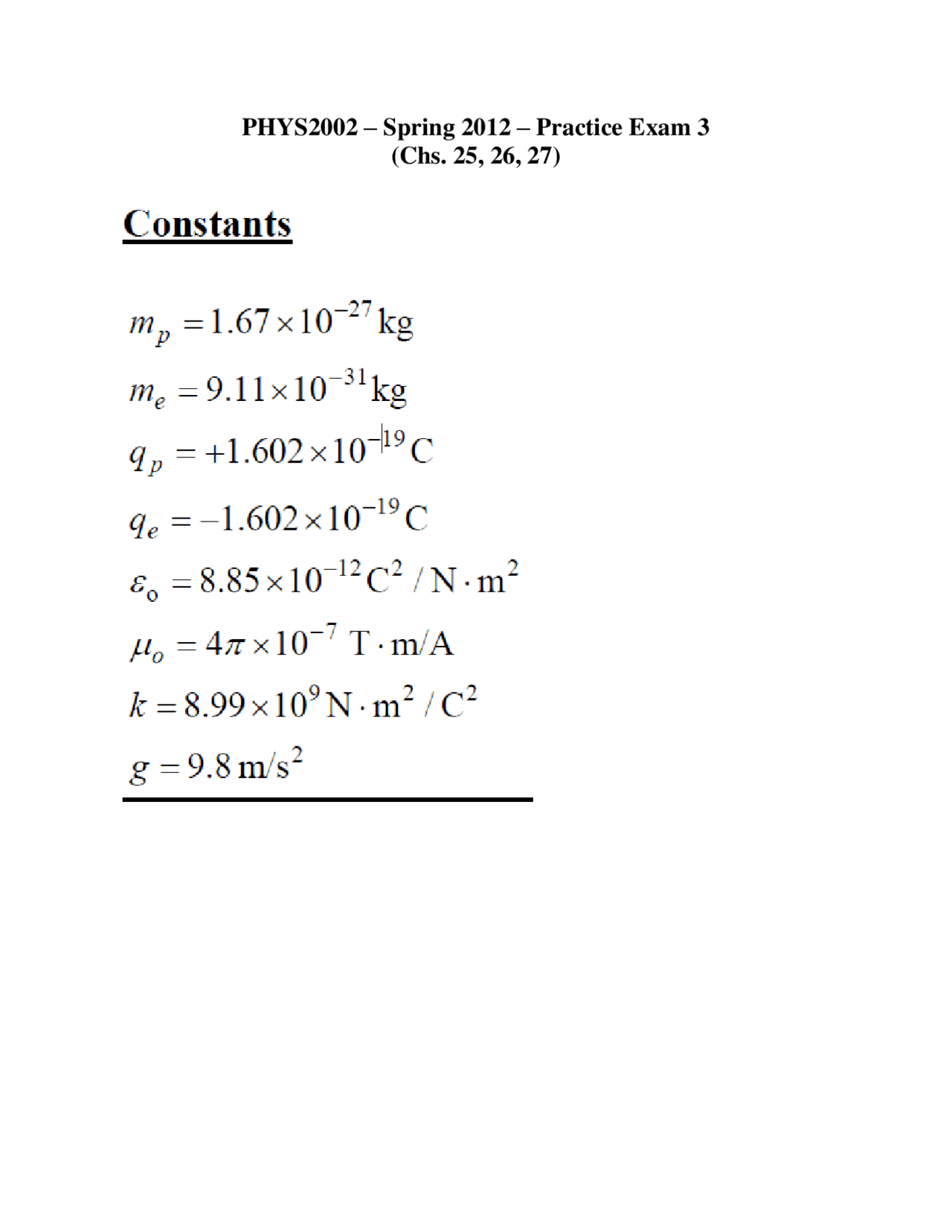 Practice Exam II Answers - General Physics | PHYS 2002 - Docsity