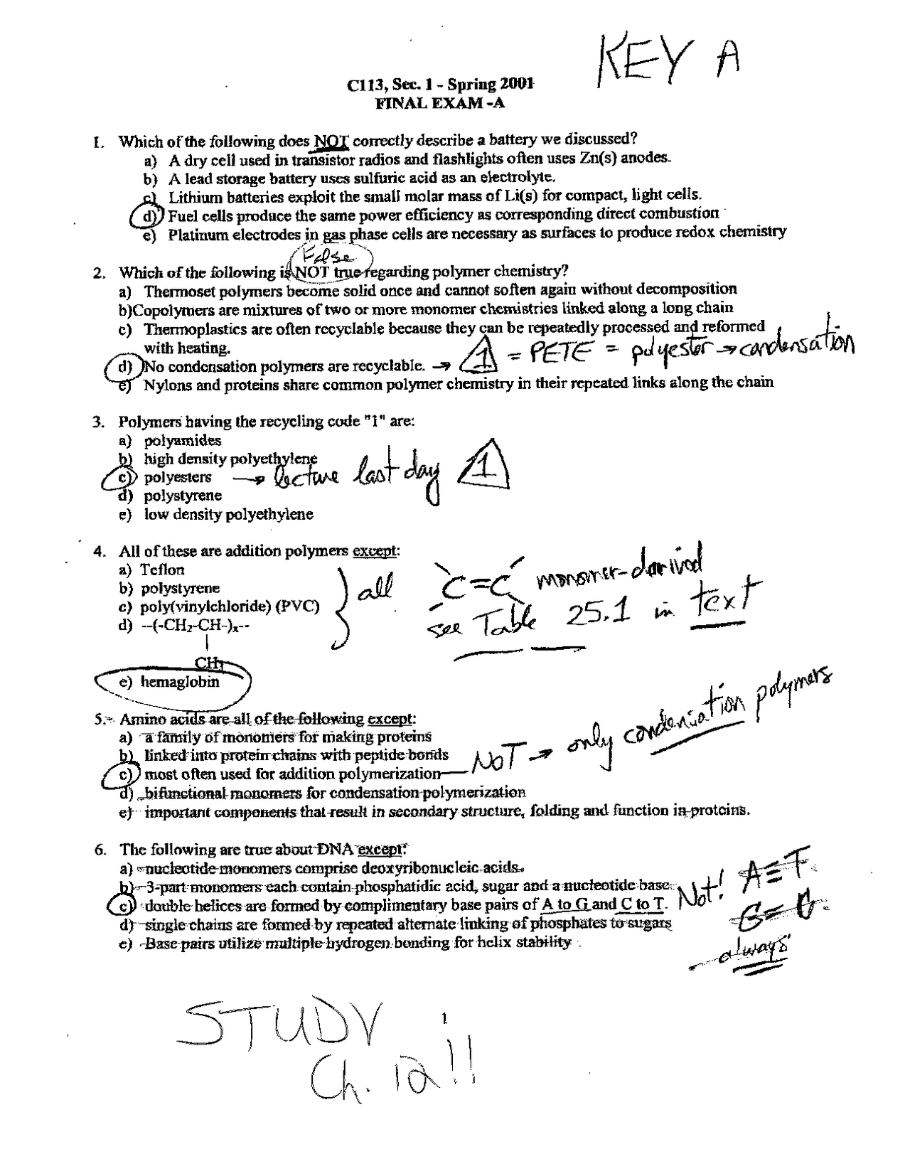 Final Exam A Answer Key | General Chemistry II | CHEM 113 - Docsity