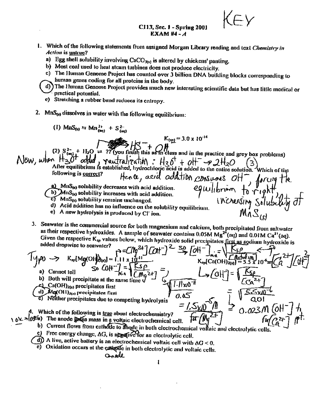 Exam 4A with Answer Key - General Chemistry II | CHEM 113 - Docsity