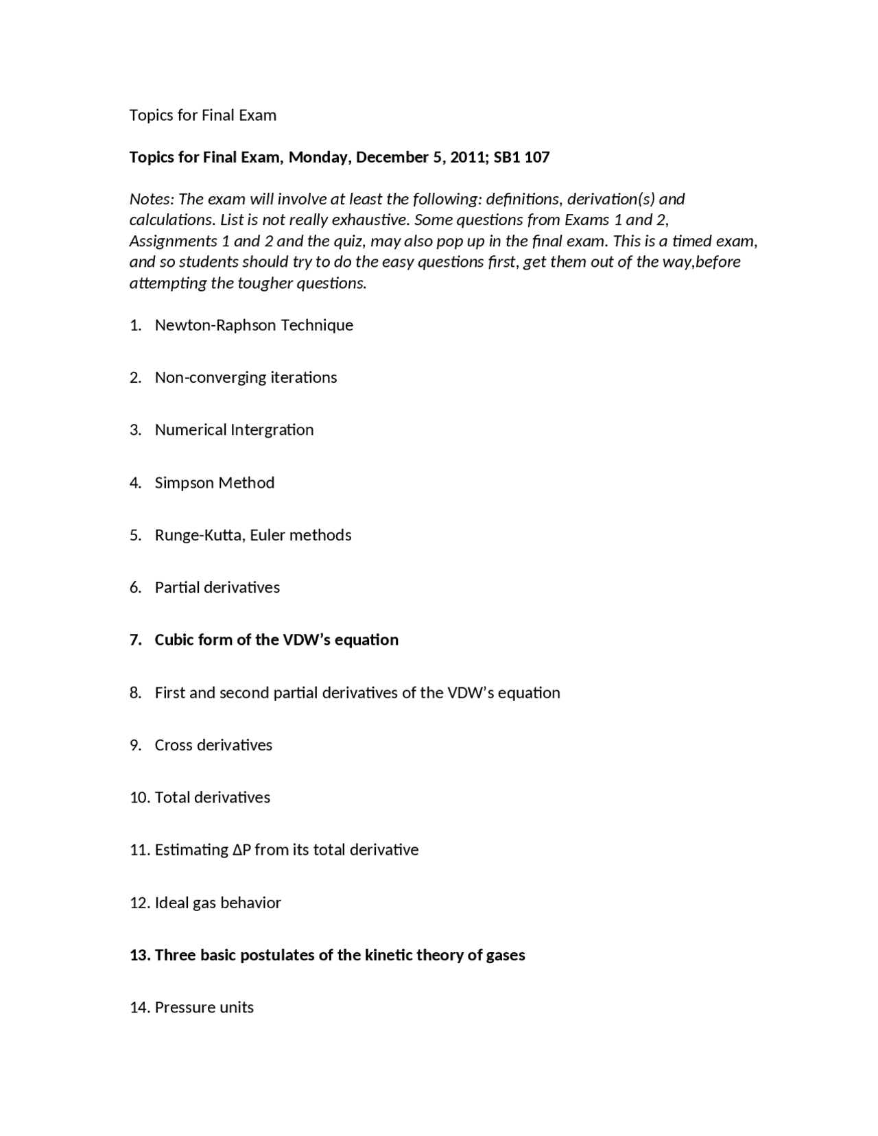 Topics for Final Exam - Physical Chemistry | CH 440 - Docsity