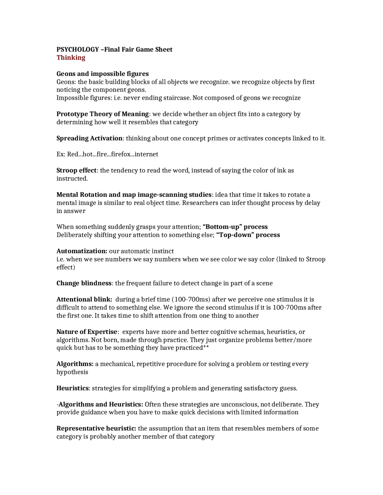 Final Fair Game Sheet - Introduction to Psychology | PSY 1 | Study notes  Psychology | Docsity