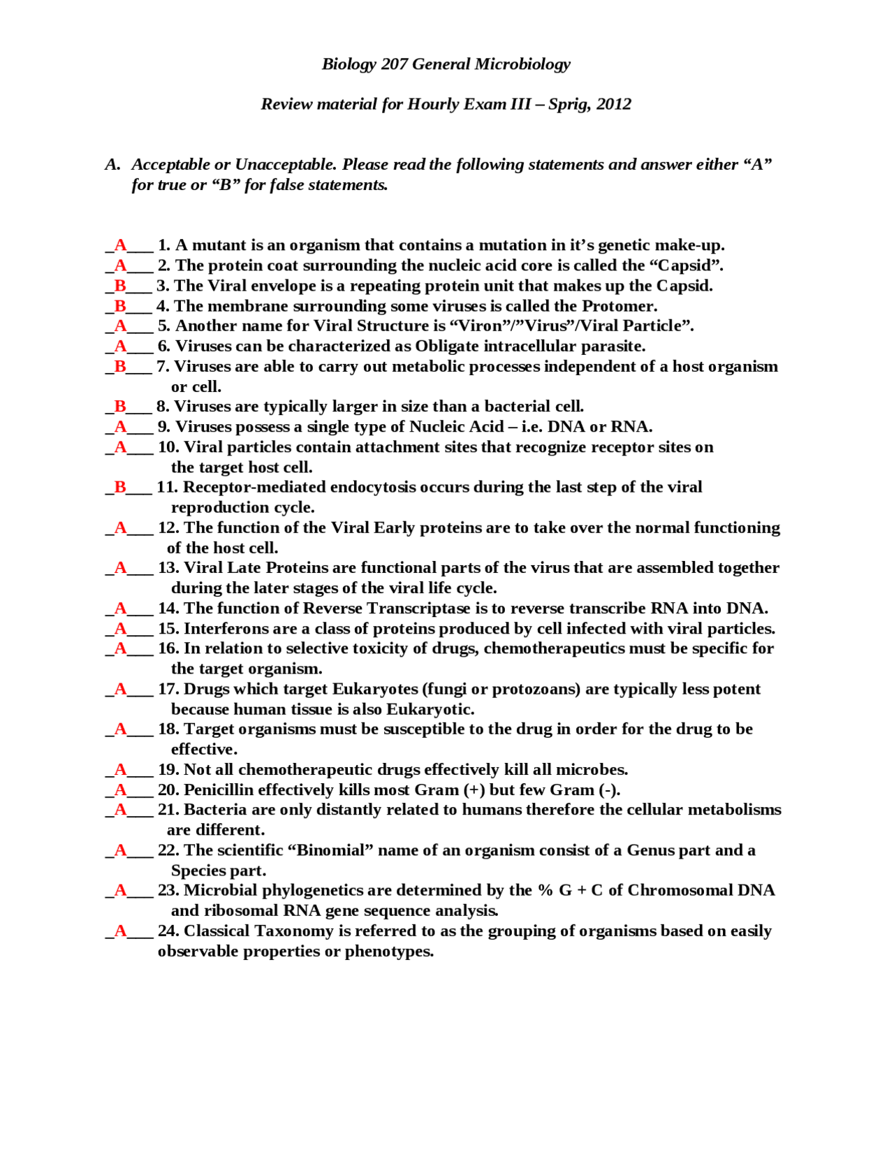 Exam 3 Review Sheet - General Microbiology - Spring 2012 | BIOL 207 ...