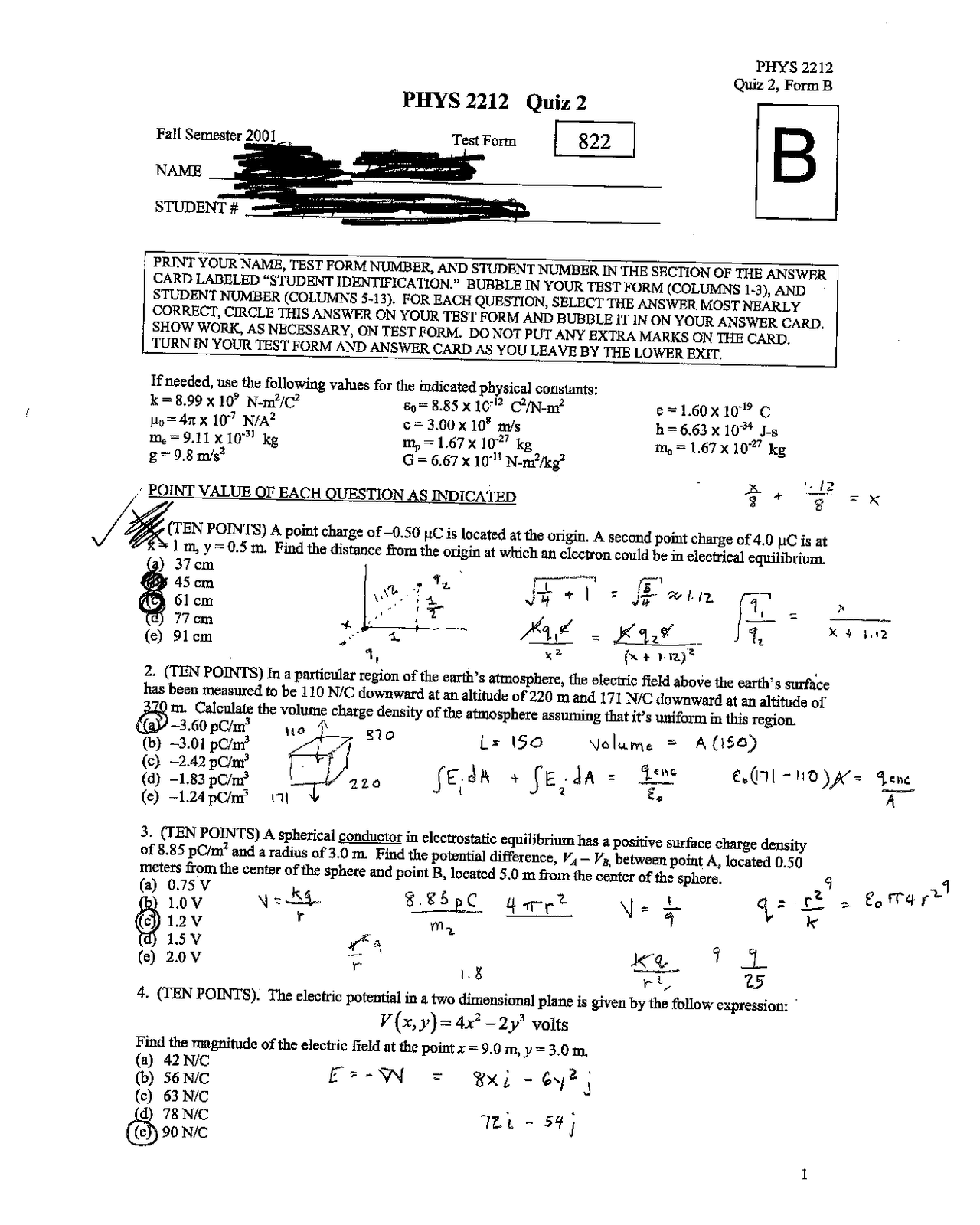 Quiz 2 Questions with Answers Introduction to Physics II PHYS 2212