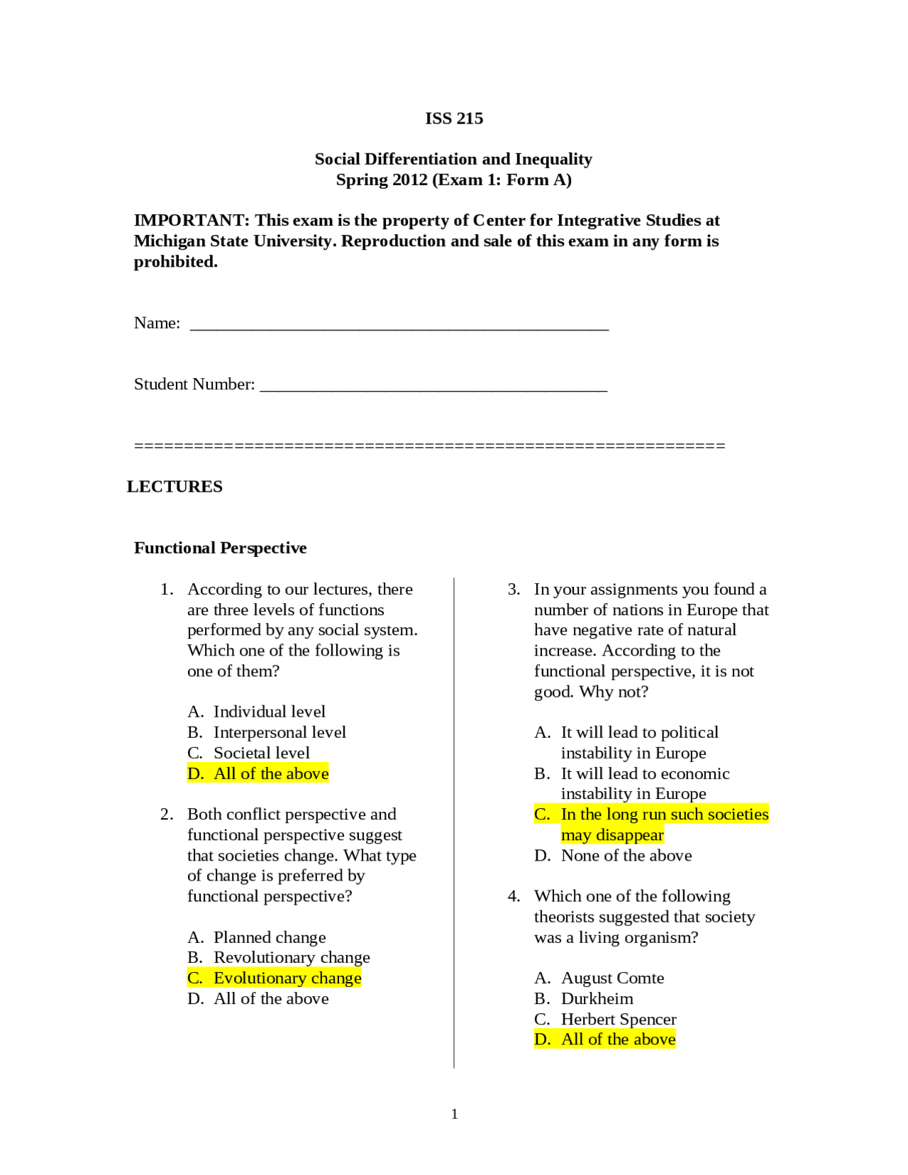 Functional Perspective, Social Inequality and Social Stratification | ISS  215 | Exams Introduction to Sociology | Docsity