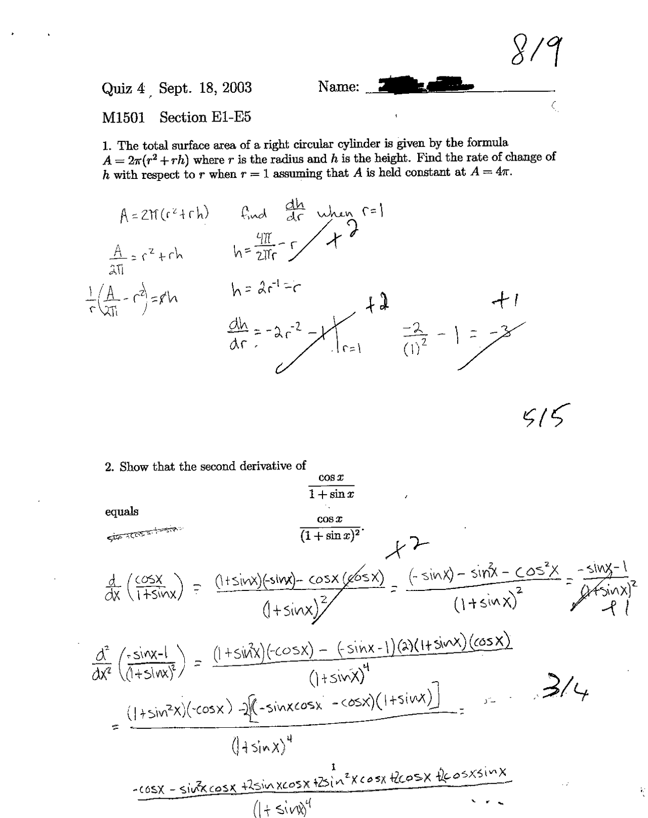 Solution Manual for Quiz 4 - Calculus I | MATH 1501 | Quizzes Calculus |  Docsity