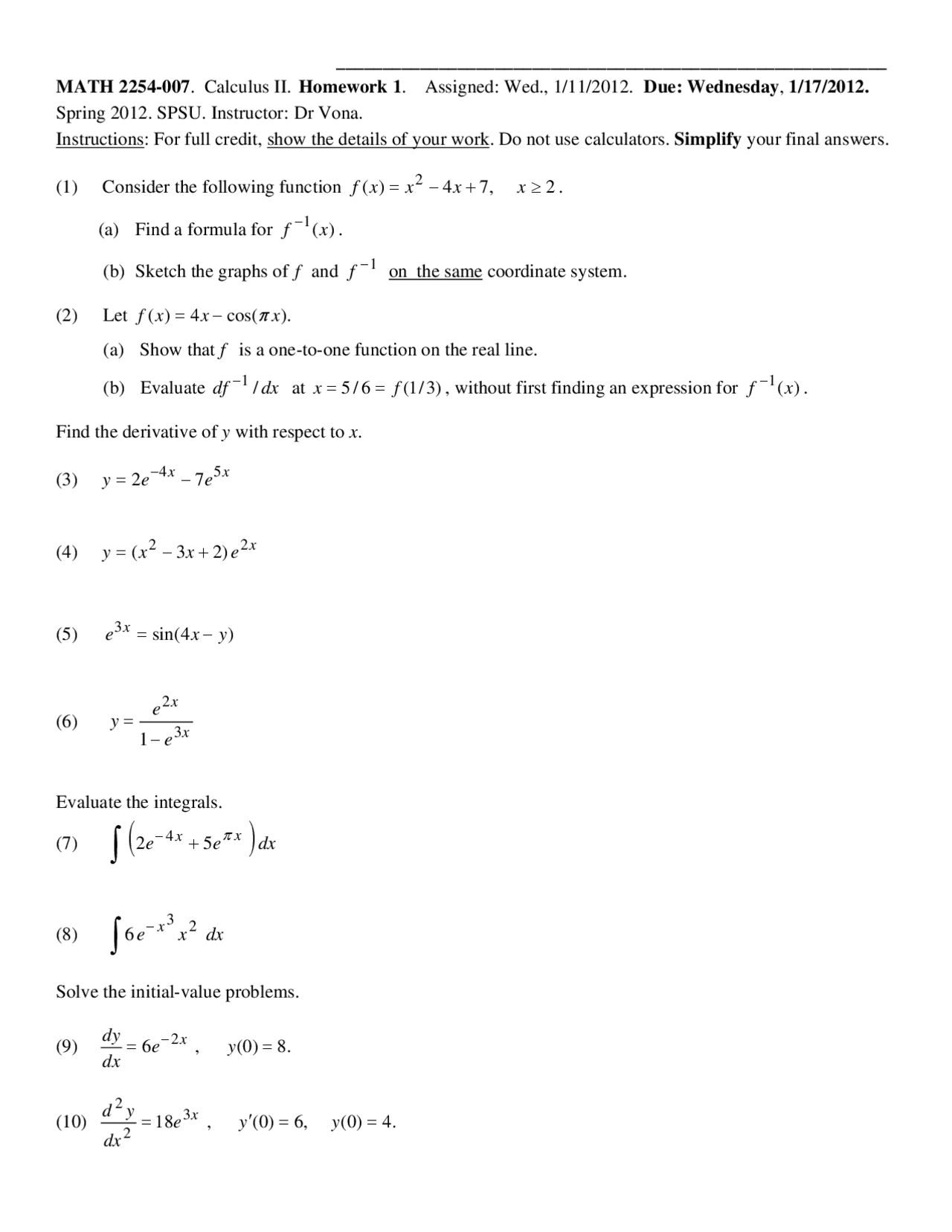 Homework 1 Problems - Calculus II | MATH 2254 - Docsity