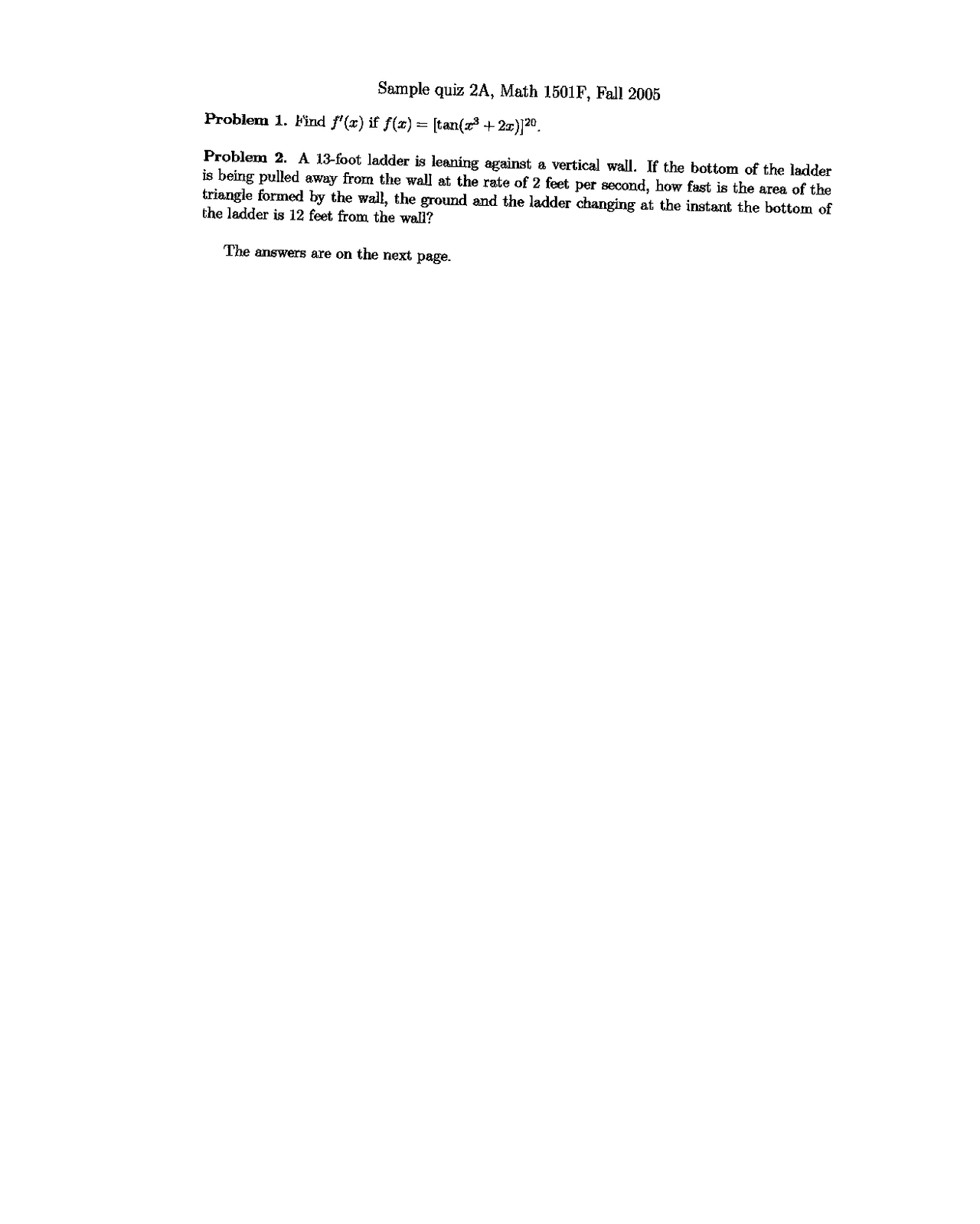 Calculus I - Sample Quiz 2A with Answer Key | MATH 1501 - Docsity