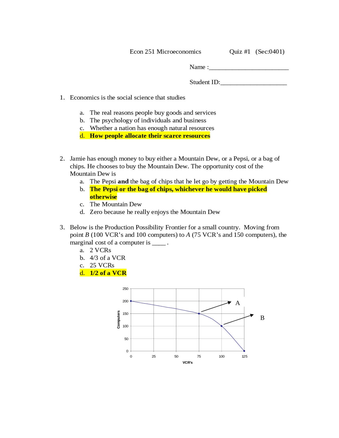 Quiz 1 - 4 MCQs with Answer - Microeconomics | ECON 25100 - Docsity