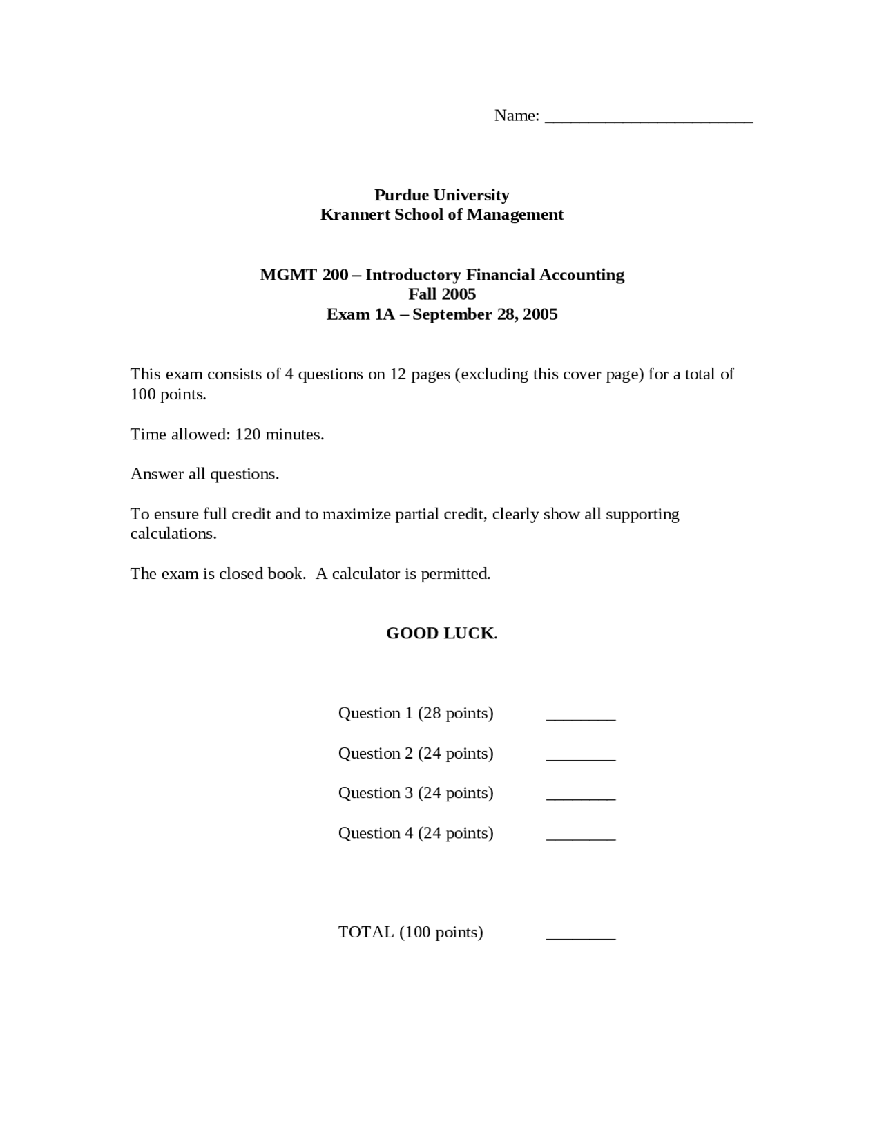 Practice Exam 1A - Fall 2005 - Introductory Financial Accounting | MGMT ...