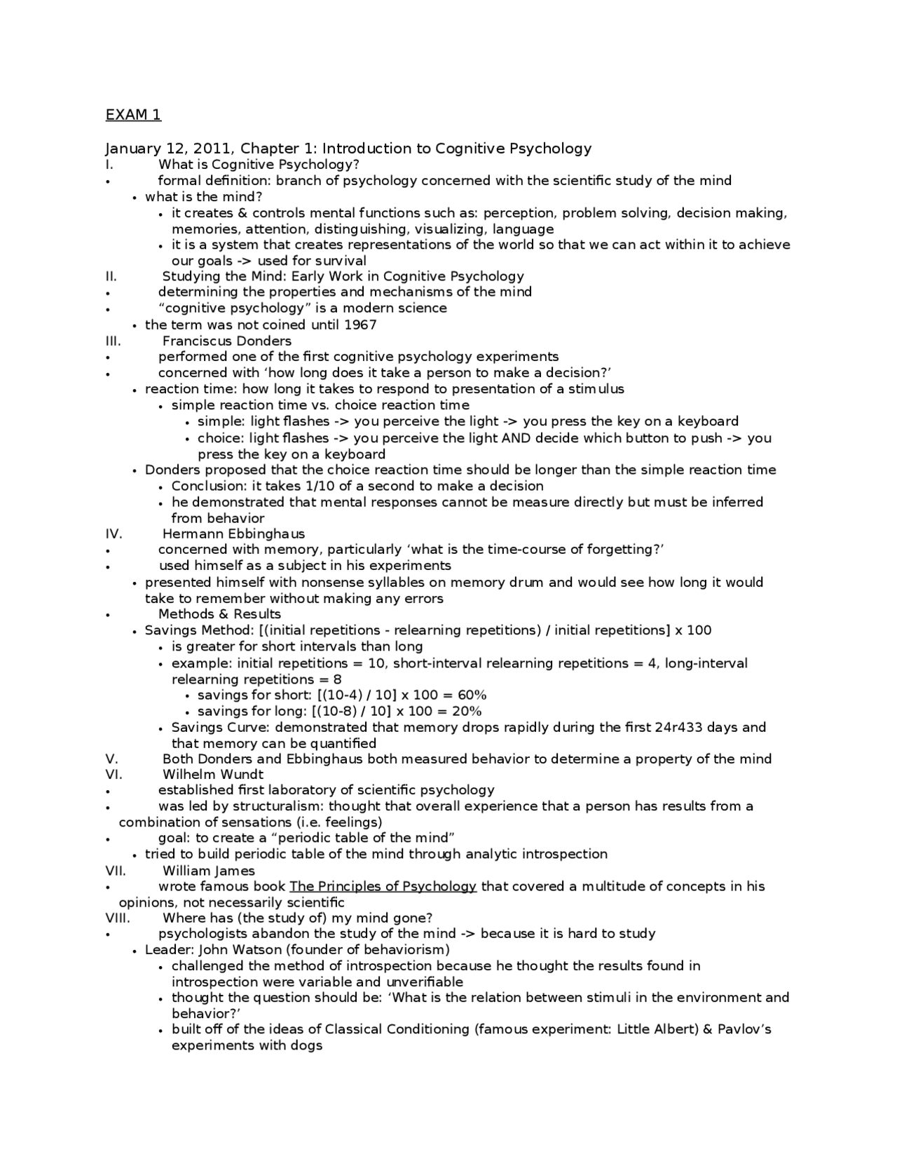 Review Notes for Exam 1 - Cognitive Psychology | PSYC 4100 - Docsity