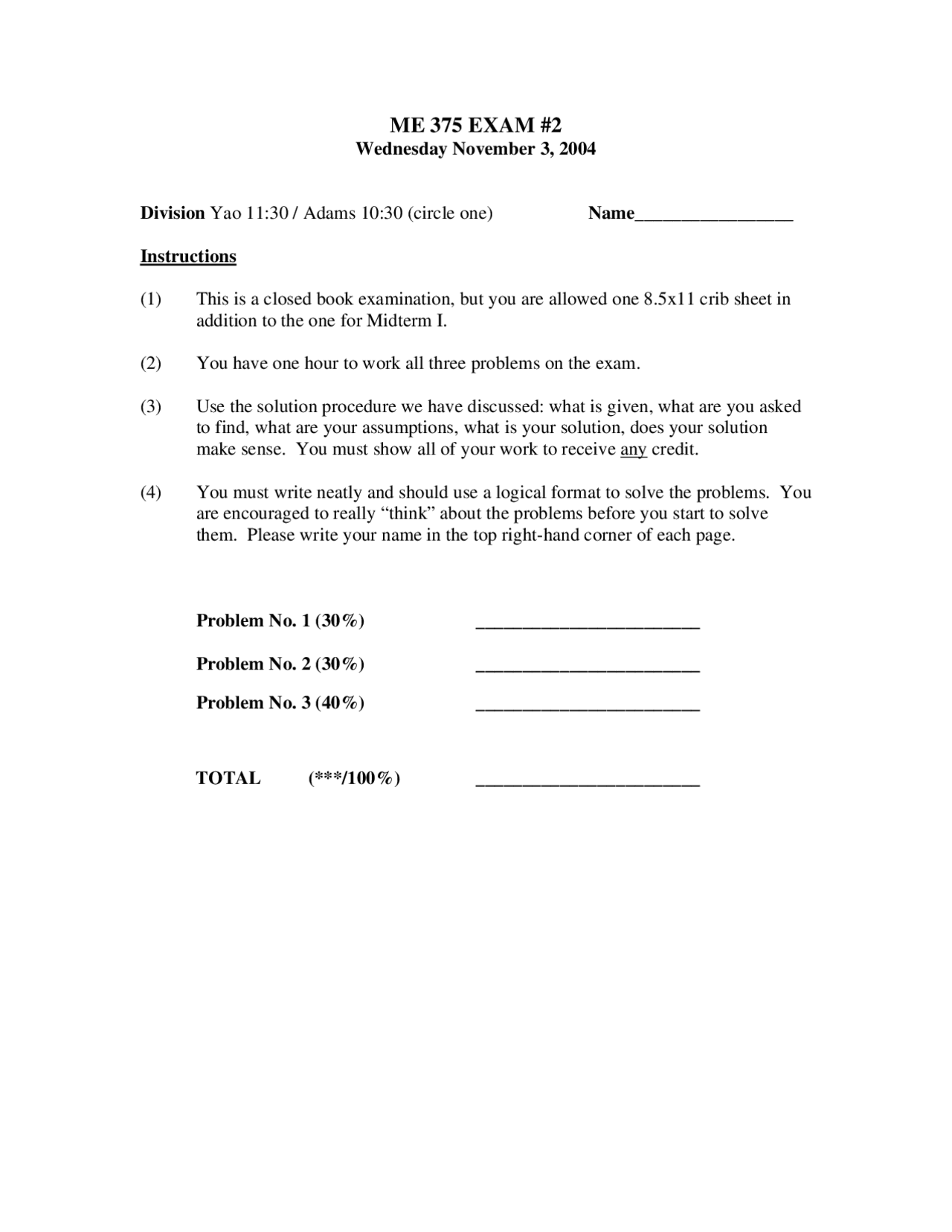 ME 375 Exam 2 Electrical Engineering Problem Solving Exams