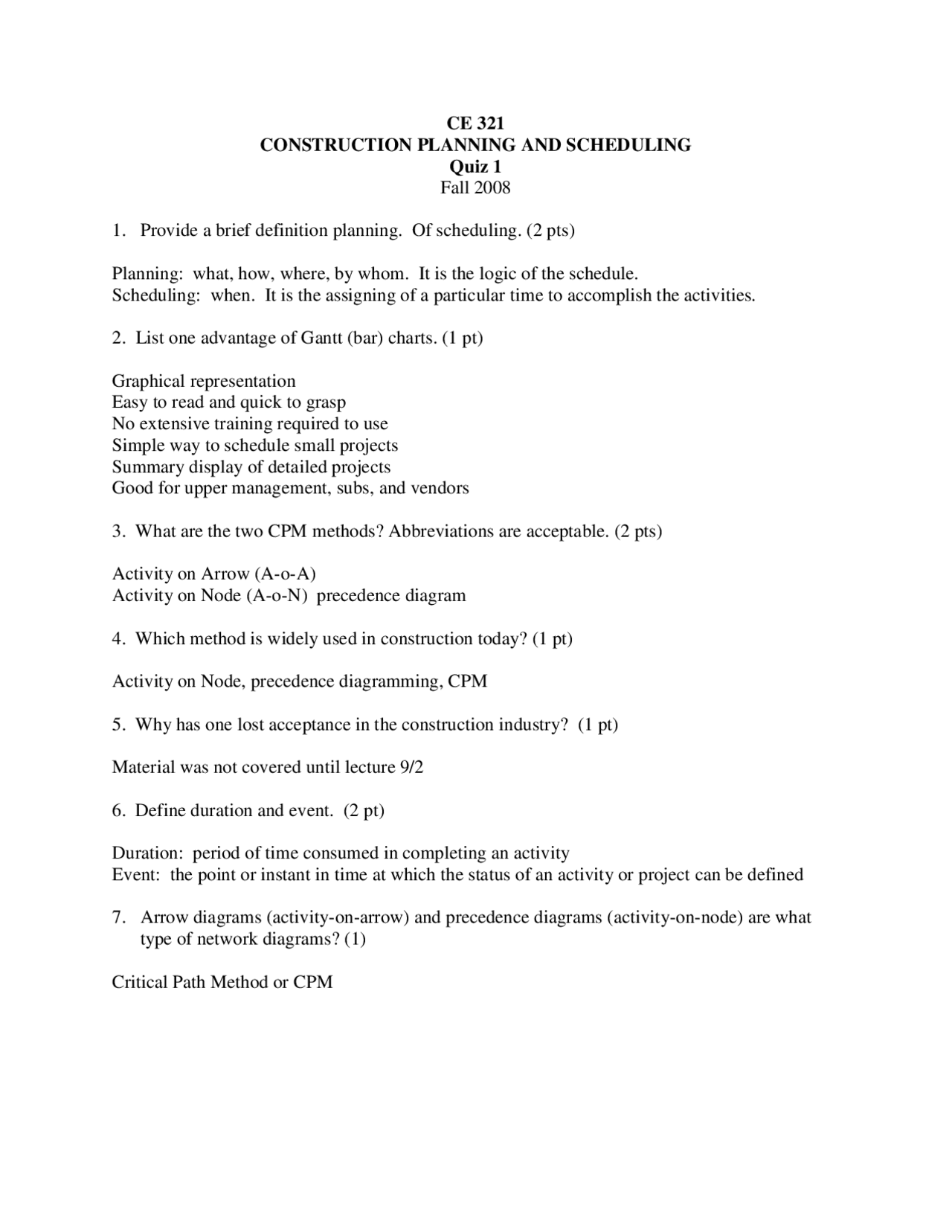 Quiz 1 with 7 Practice Problems on Construction Planning and Scheduling ...