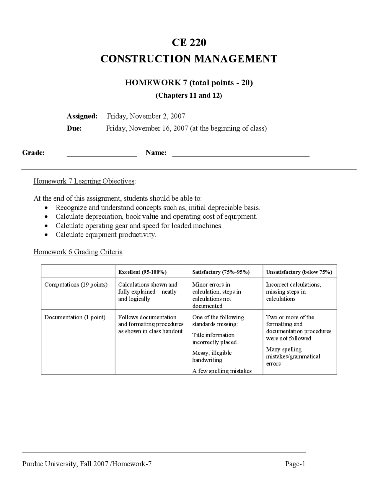 Sample Homework #7 - Construction Management | CE 22000 - Docsity