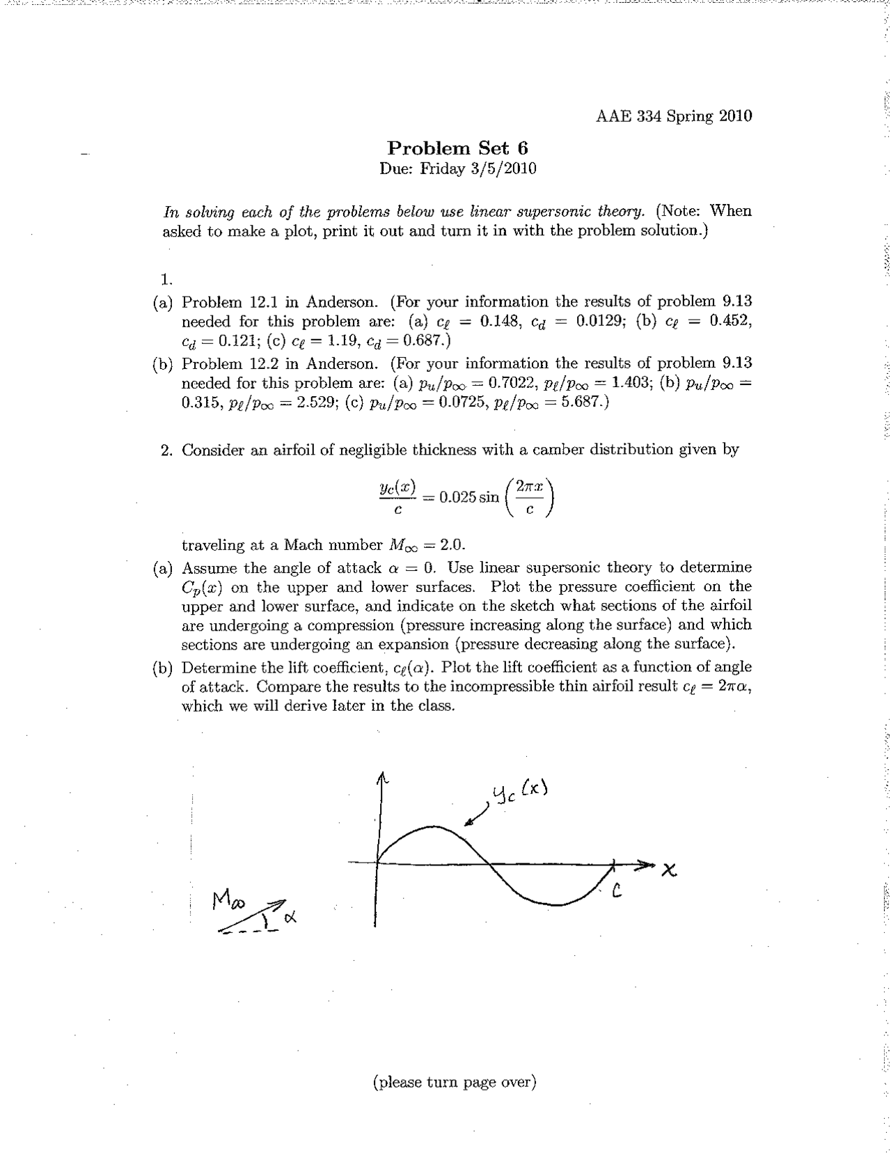 Aerodynamics Math Problem 4 Problems on Aerodynamics - Problem Set 6 | AAE 33400 - Docsity