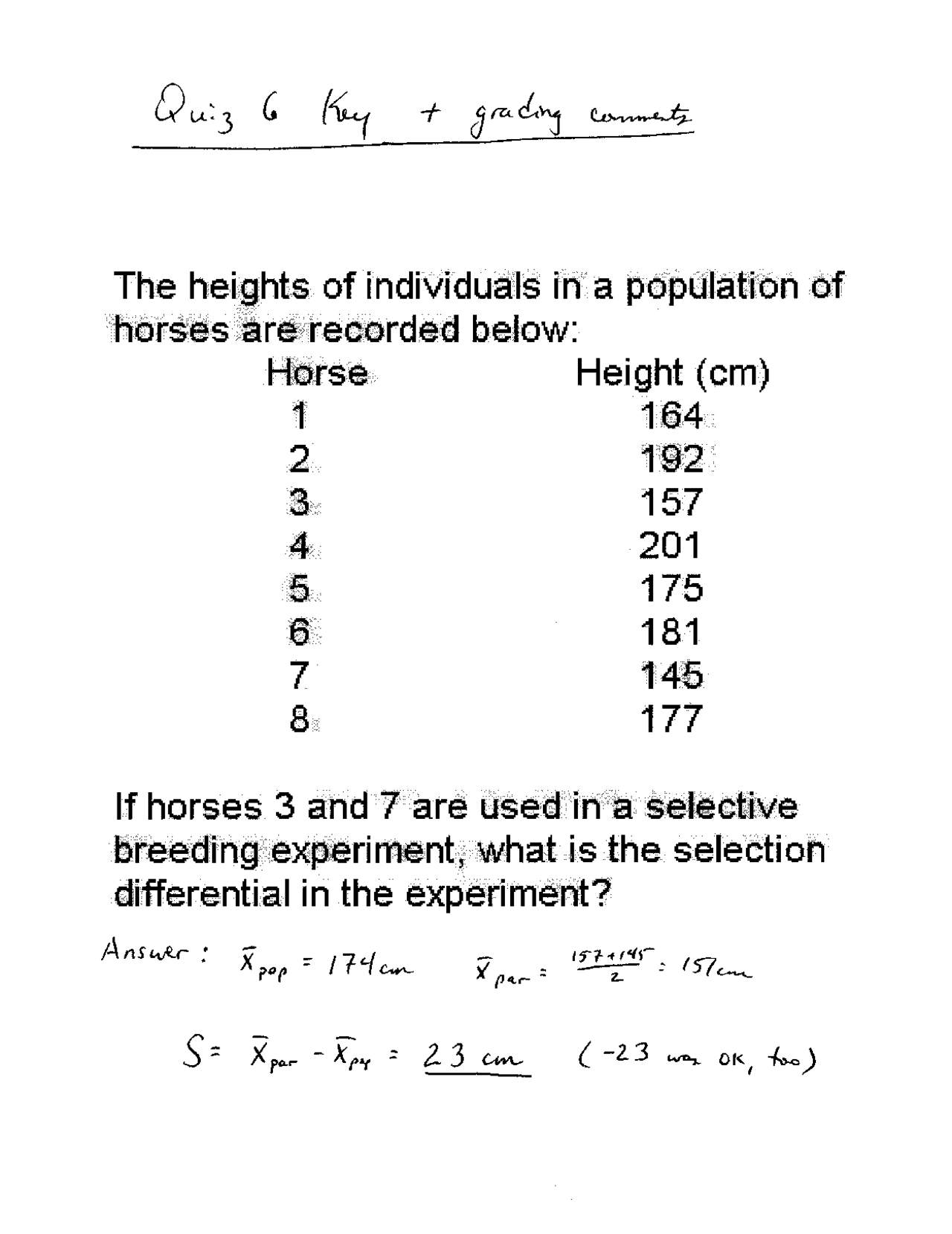 Assumption of Selection Differential, Genotype Quiz Solved