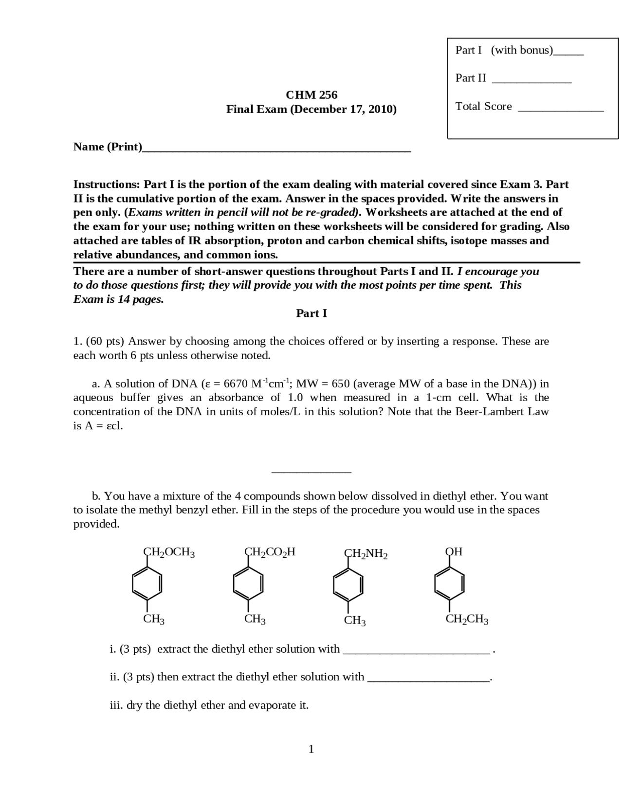 Practice Final Exam Organic Chemistry CHM 25600 Docsity