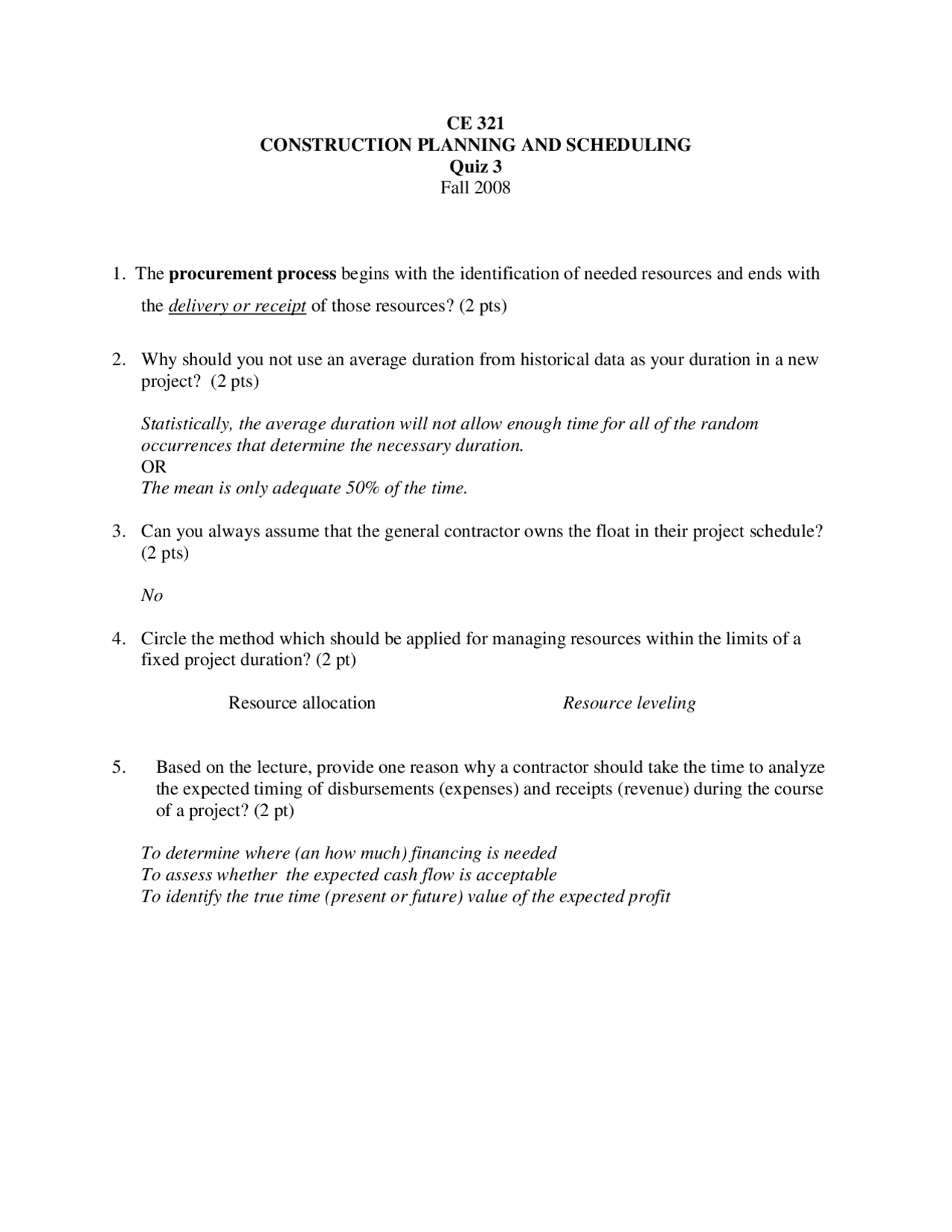 5 Practice Problems on Construction Planning and Scheduling - Quiz 3 ...
