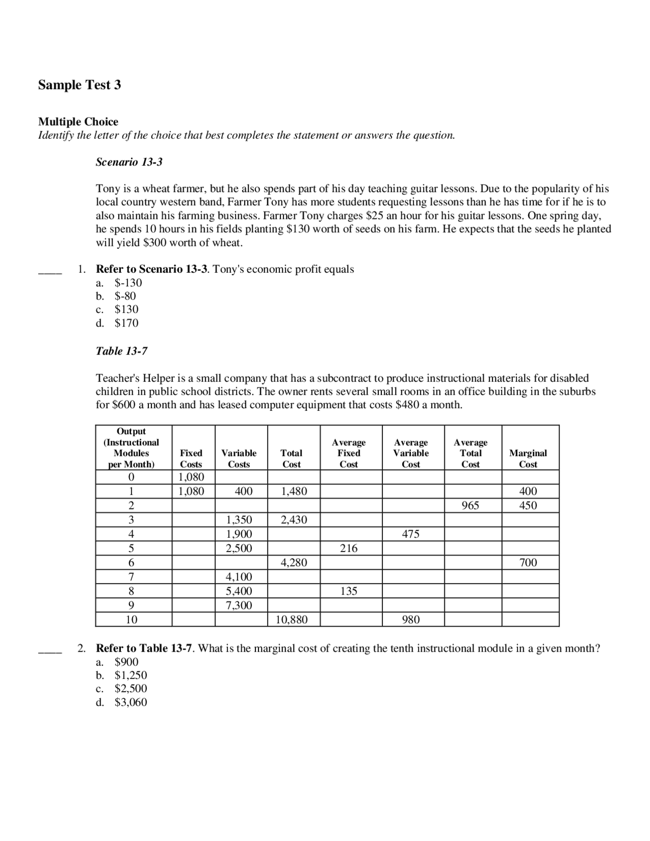 Sample Exam 3 with Answer Key - Introduction to Microeconomics | ECON ...
