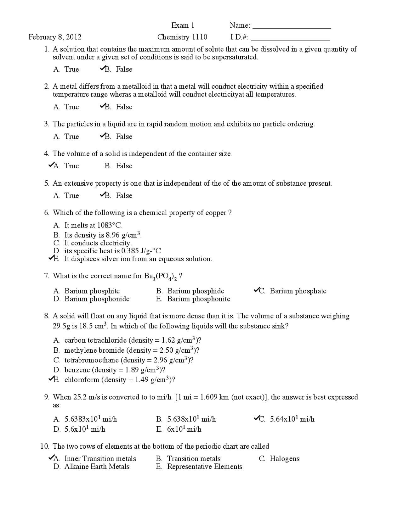 Exam # 1 - General Chemistry I | CHEM 1110 - Docsity