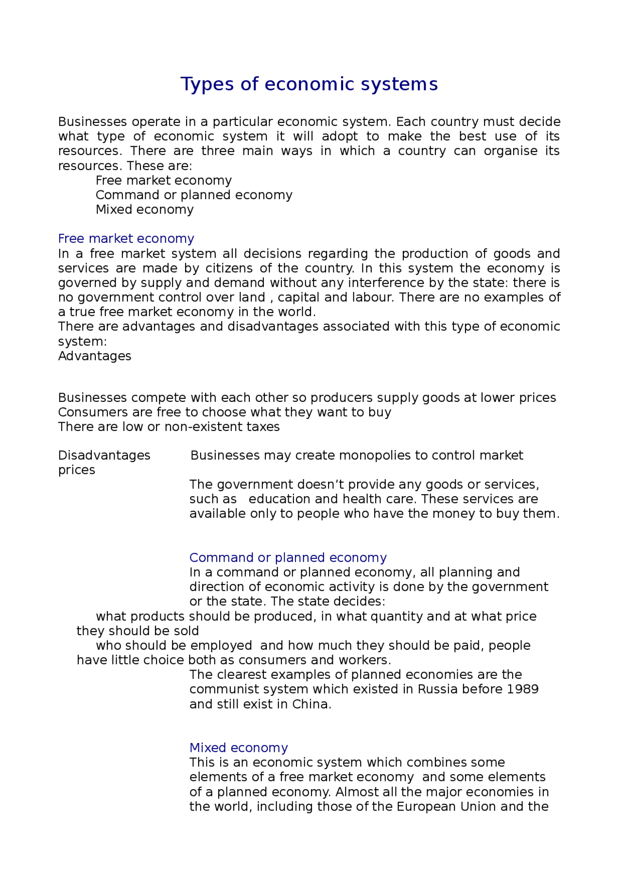 Economics: types of economic systems - Docsity
