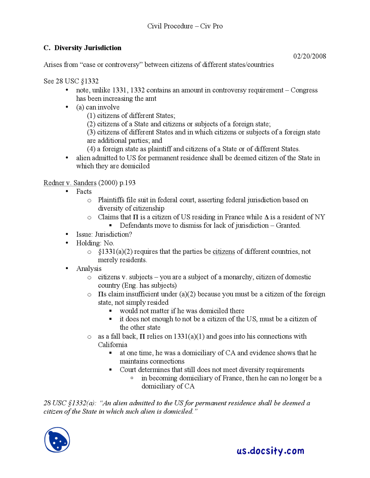Diversity Jurisdiction, Supplemental Jurisdiction, Removal Study