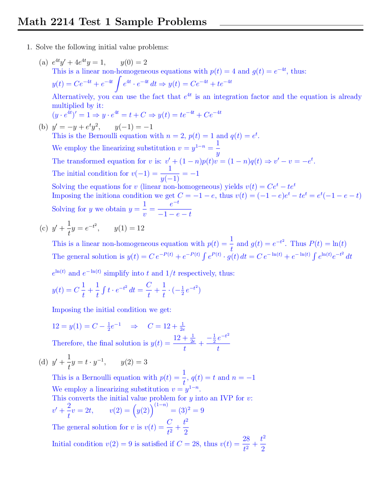 Test 1 Sample Problems - Introduction to Differential Equations | MATH ...