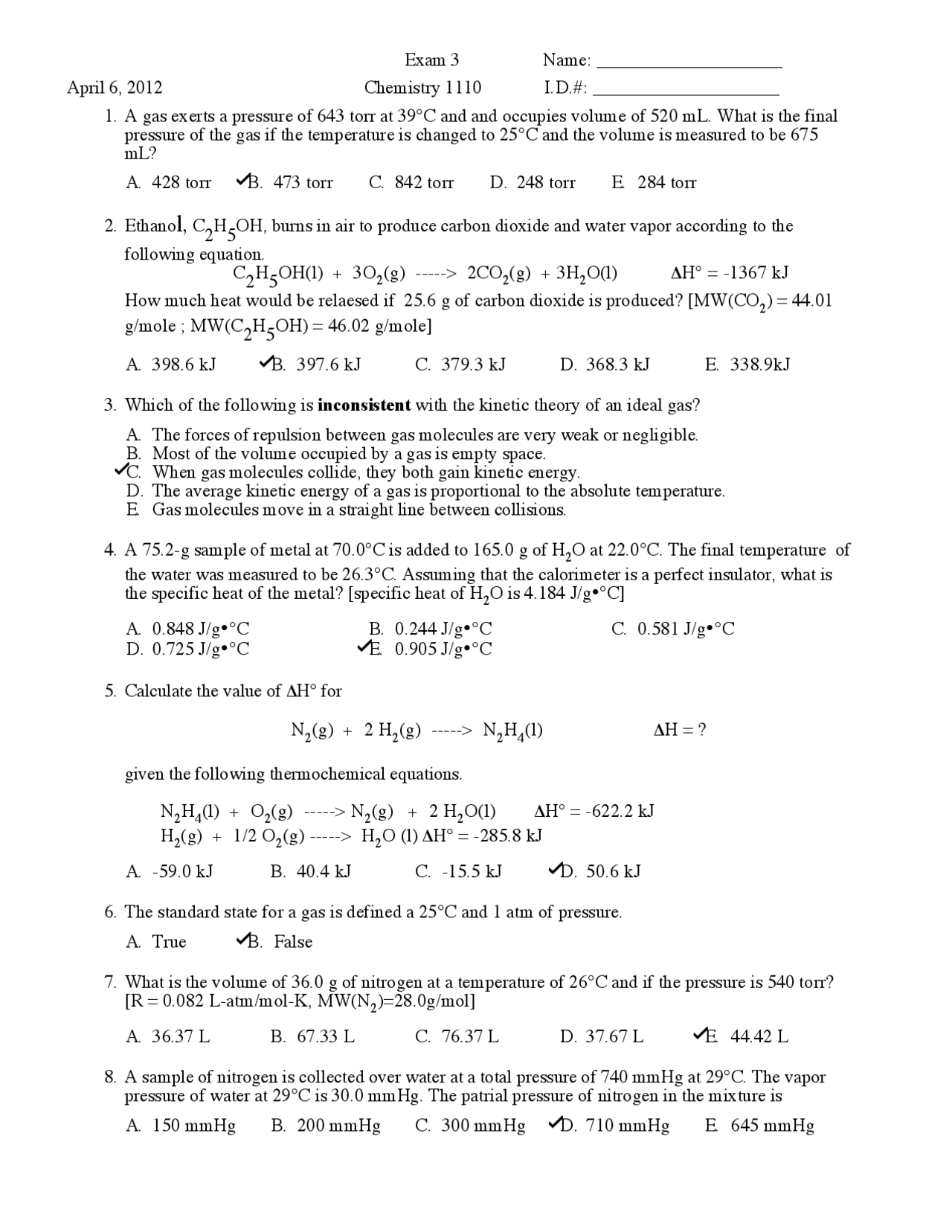 Exam 3 with Partial Solution for General Chemistry I | CHEM 1110 - Docsity