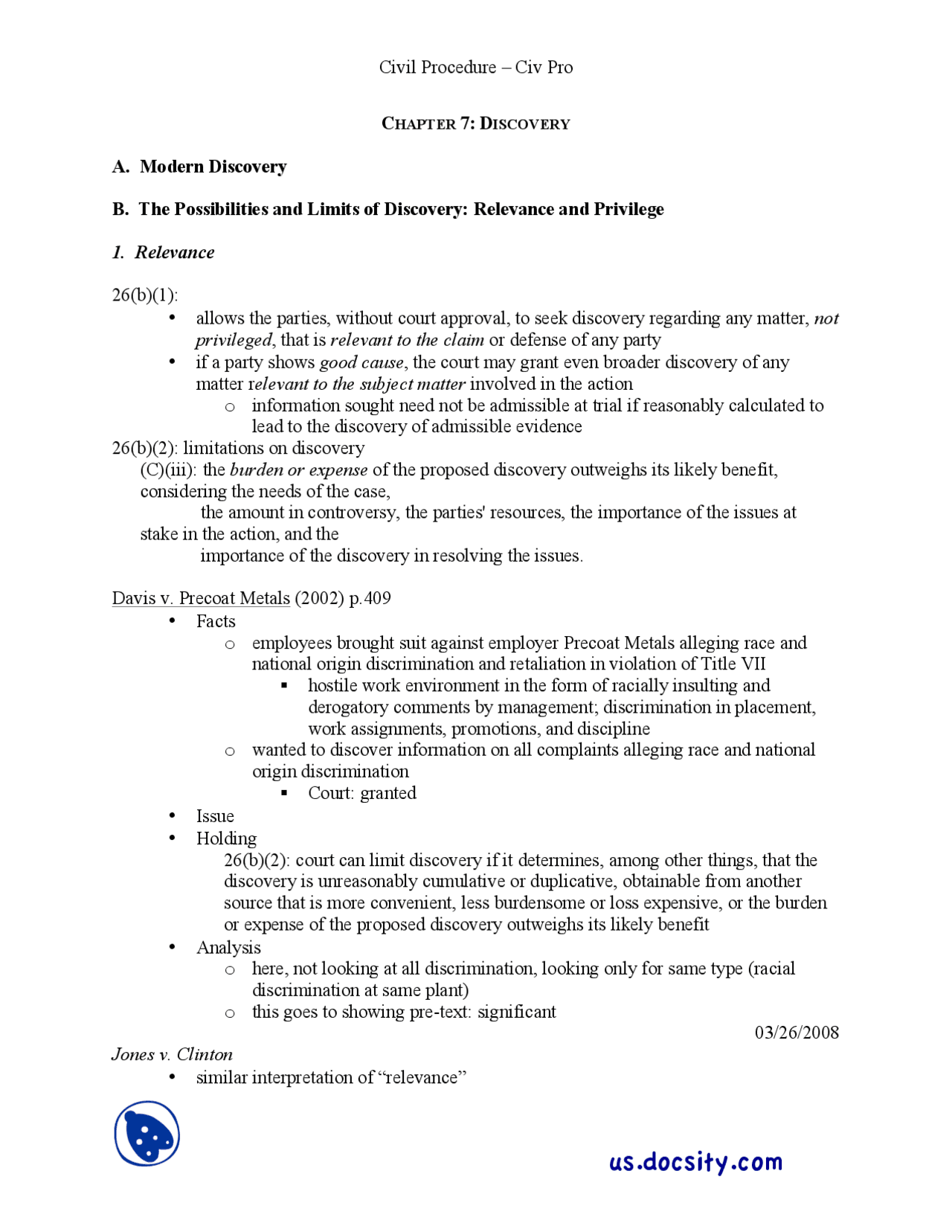 Discovery, Privilege, Disclosures, Interrogatories - Docsity