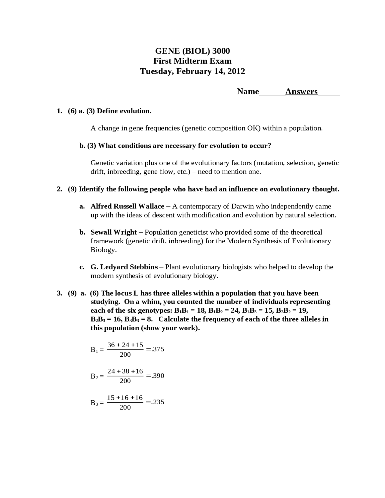 Midterm Exam 1 Answers - Evolutionary Biology | GENE 3000 - Docsity