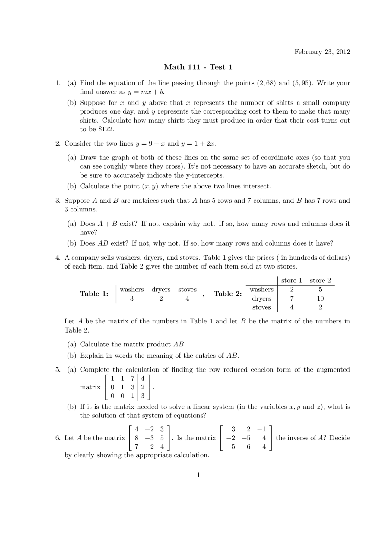 9 Questions on Linear Mathematics Modeling - Exam 1 | MATH 111 - Docsity