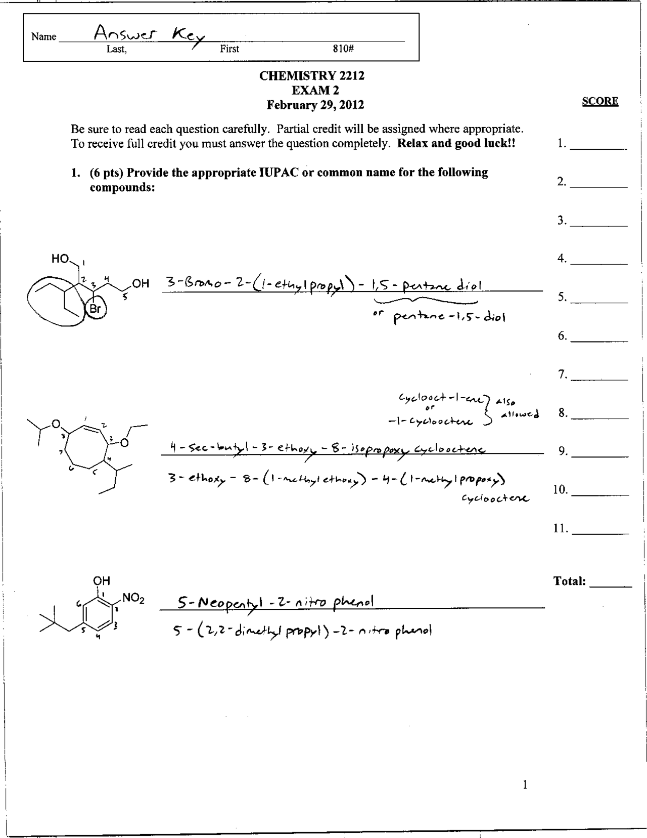 Test II with Answer Key - Modern Organic Chemistry II | CHEM 2212 ...