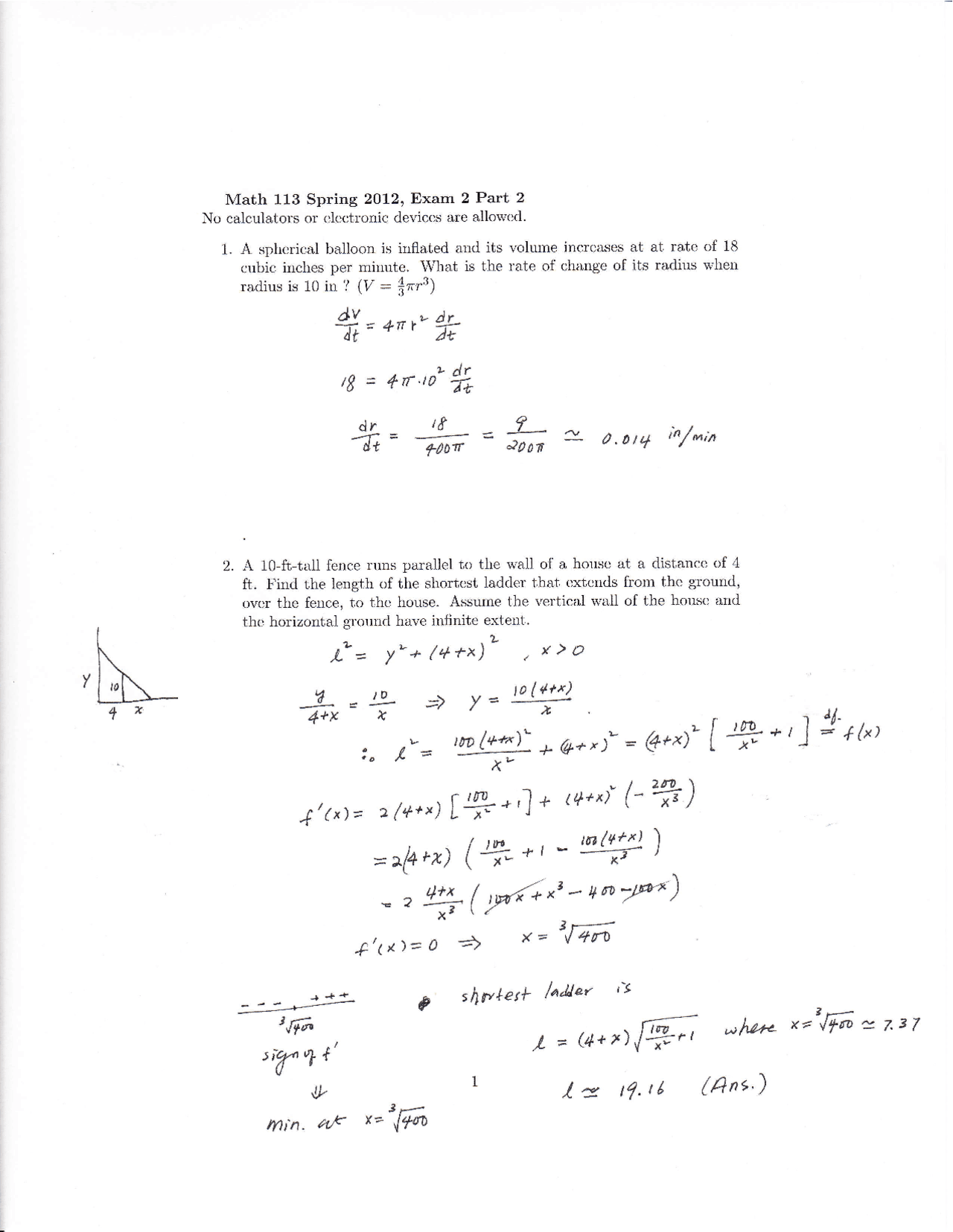 Exam 2 Solved | Analytic Geometry and Calculus I | MATH 113 - Docsity