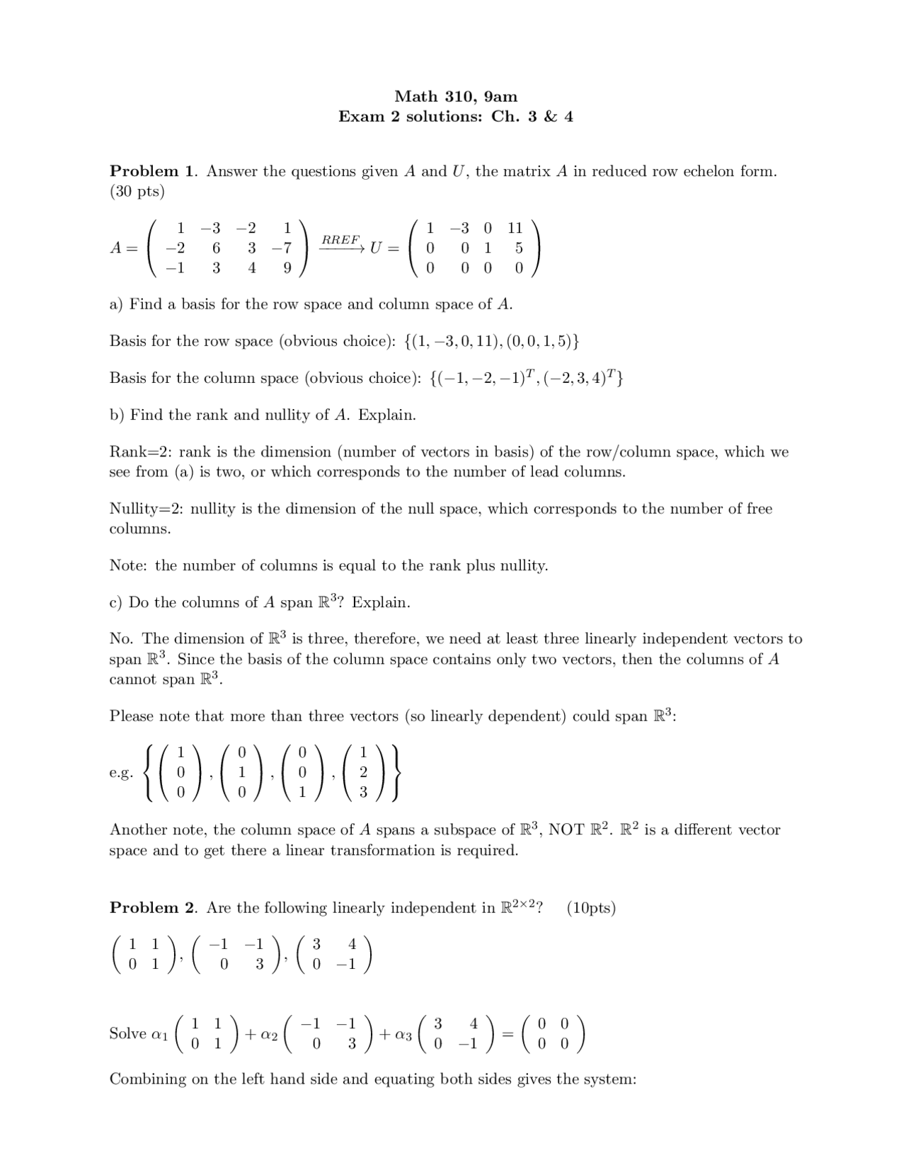 Exam 2 Solutions - Applied Linear Algebra | MATH 310 - Docsity