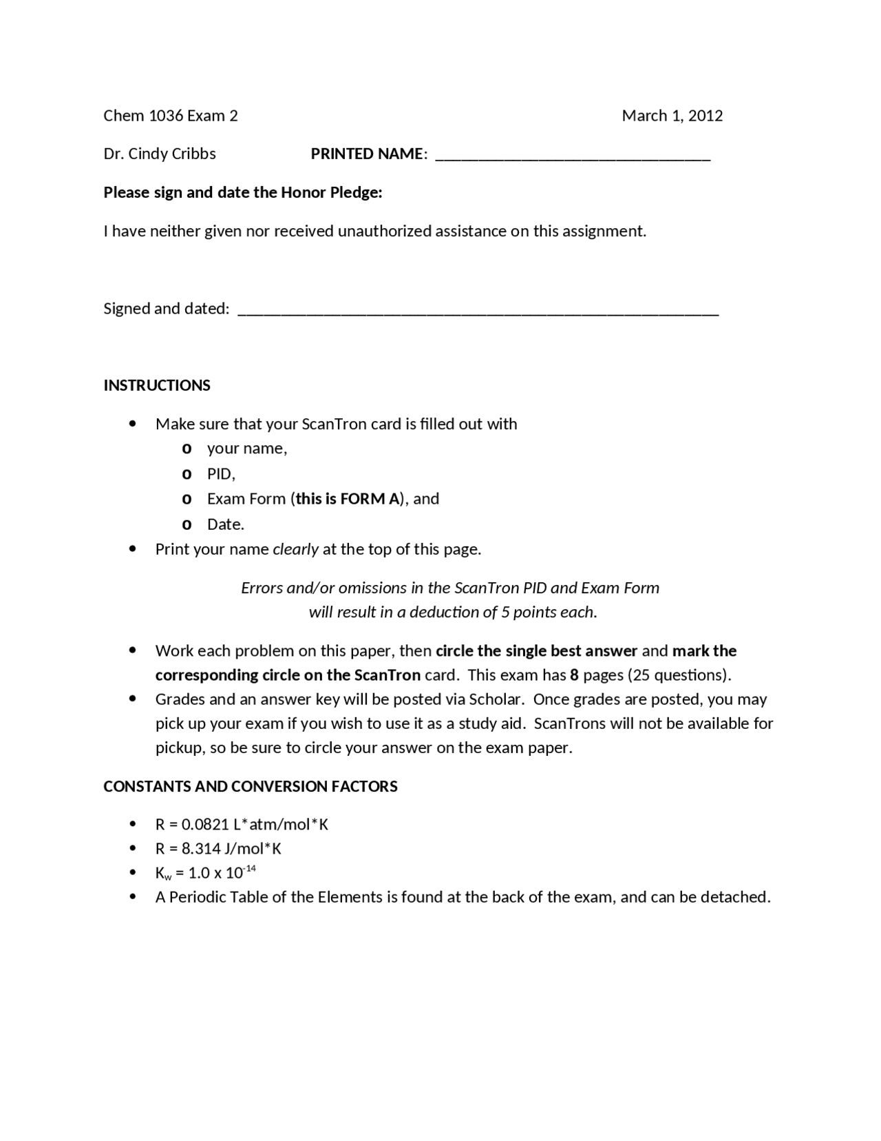 Exam 2 with Solution - General Chemistry | CHEM 1036 - Docsity