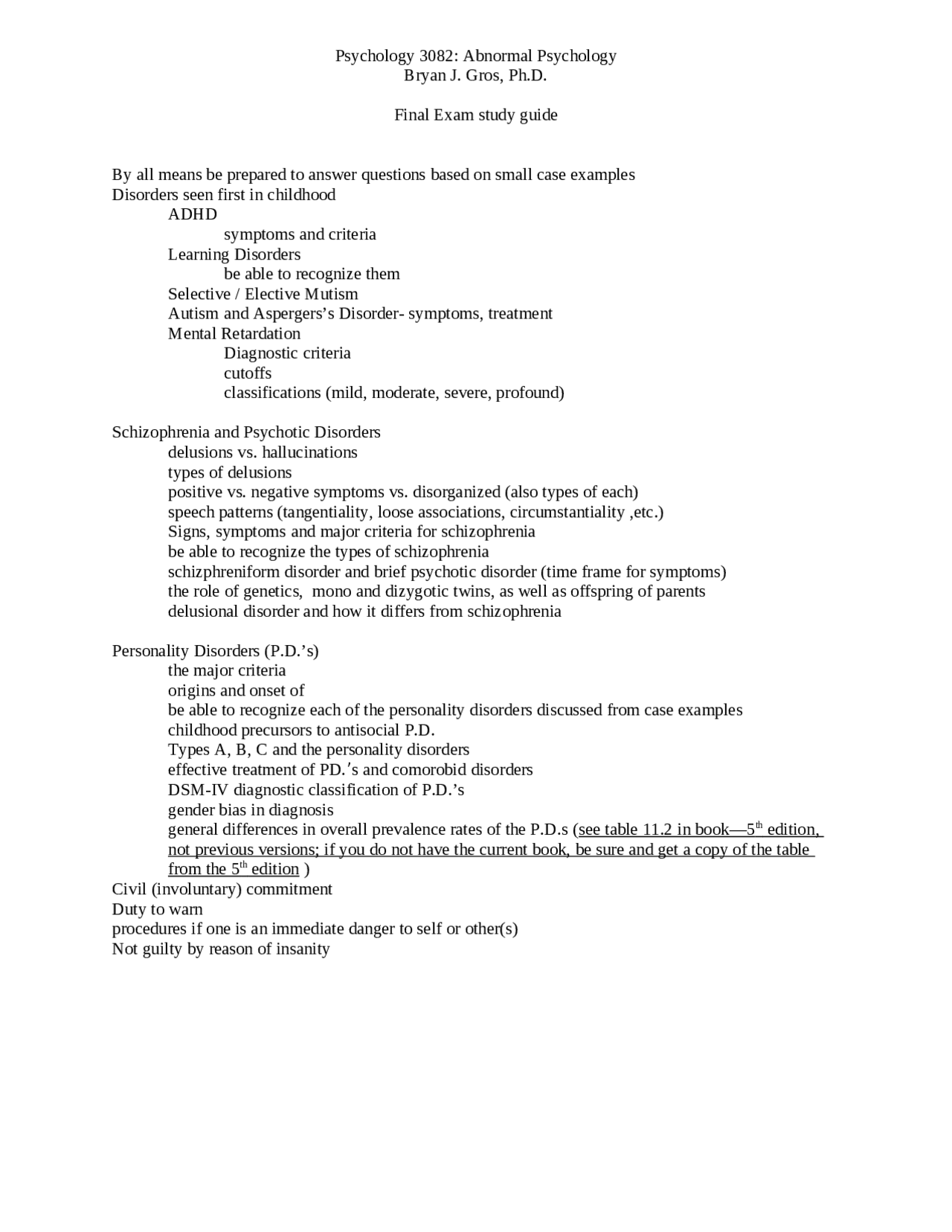 Final Exam Study Guide - Introduction Abnormal Physics | PSYC 3082 ...