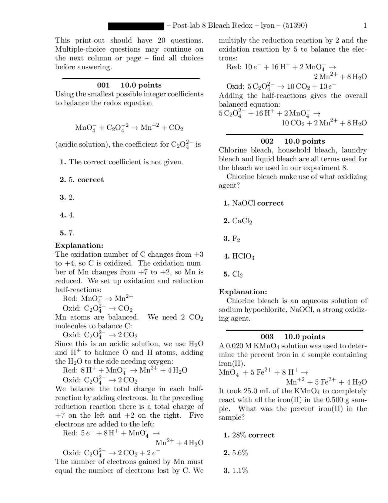 Bleach Redox Iyon Postlab 8 Introduction to Chemical Practice